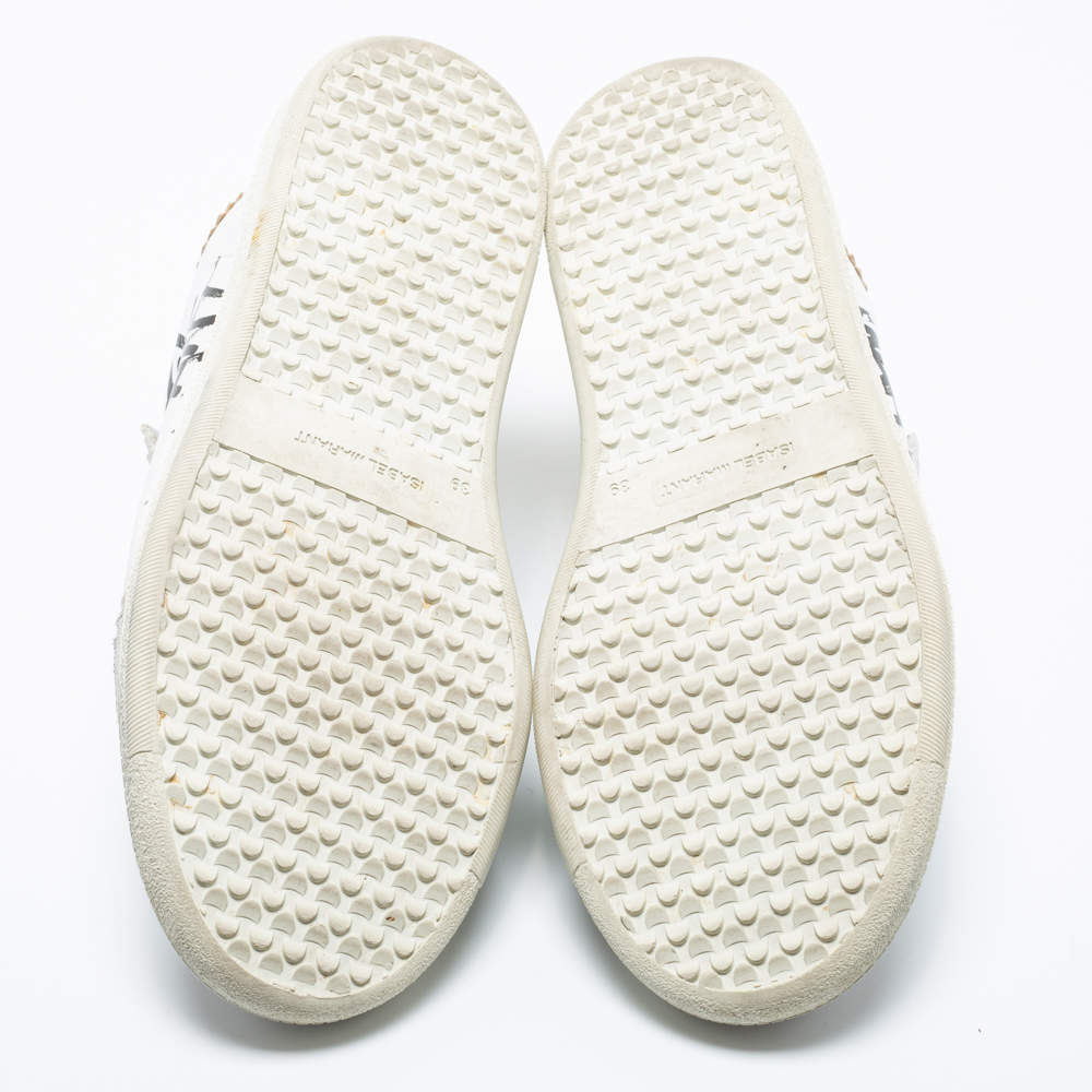 Pre Owned Isabel Marant White/Gold Leather And Suede Étoile Beth Graffiti Low Top Sneakers Size 39