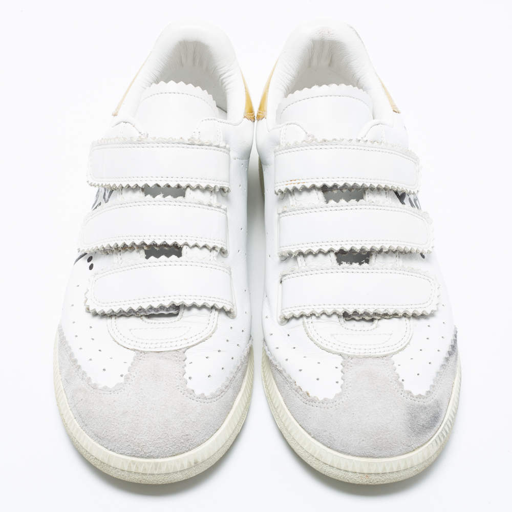 Pre Owned Isabel Marant White/Gold Leather And Suede Étoile Beth Graffiti Low Top Sneakers Size 39