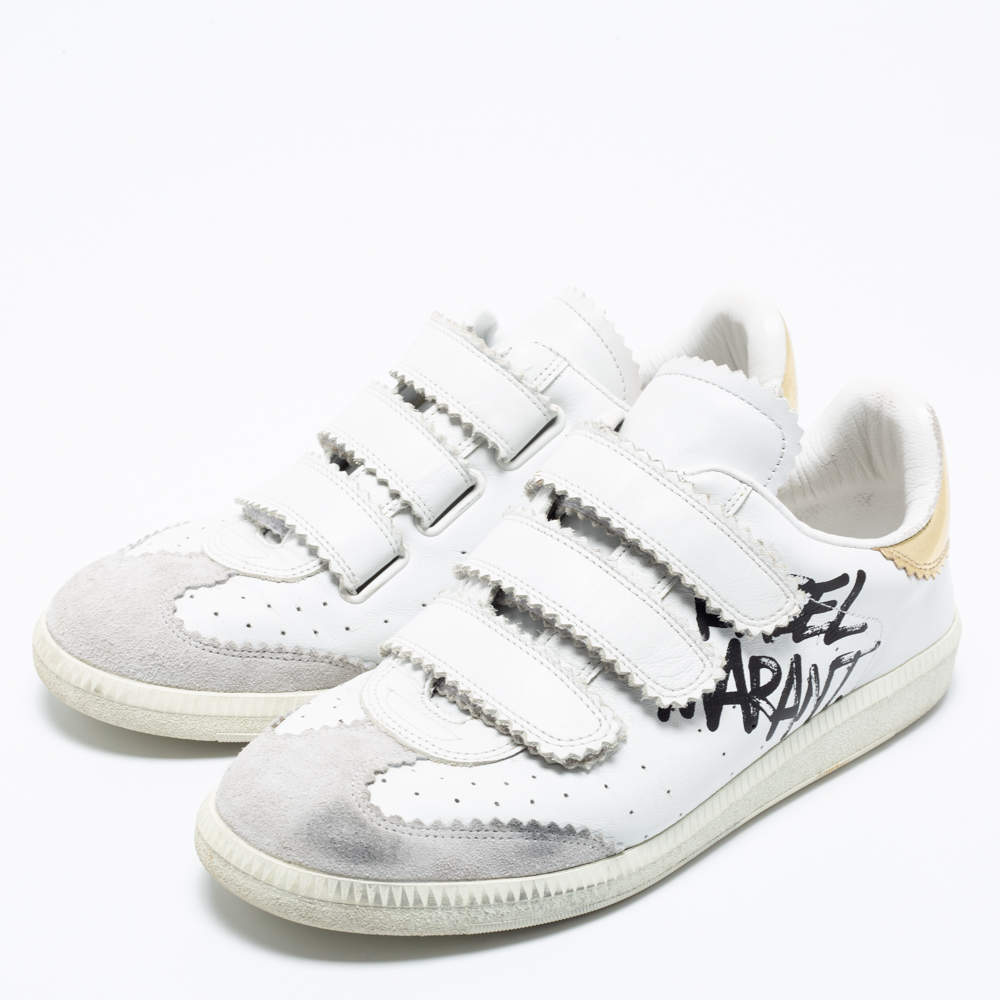 Pre Owned Isabel Marant White/Gold Leather And Suede Étoile Beth Graffiti Low Top Sneakers Size 39