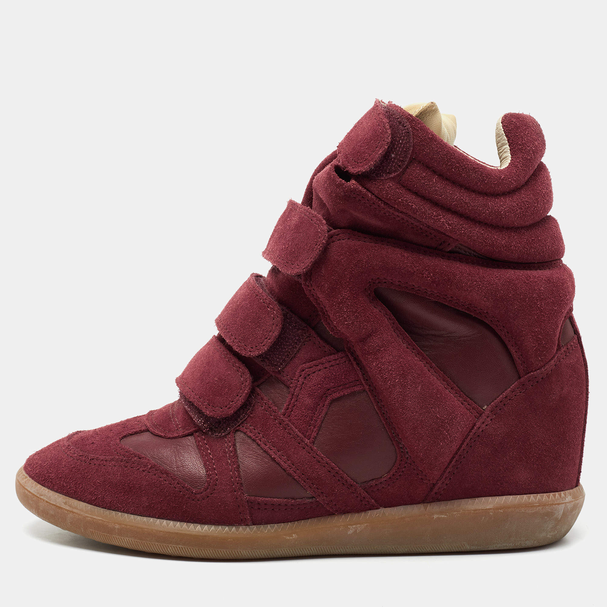 Pre Owned Isabel Marant Red Suede And Leather Bekett Wedge Sneakers Size 38