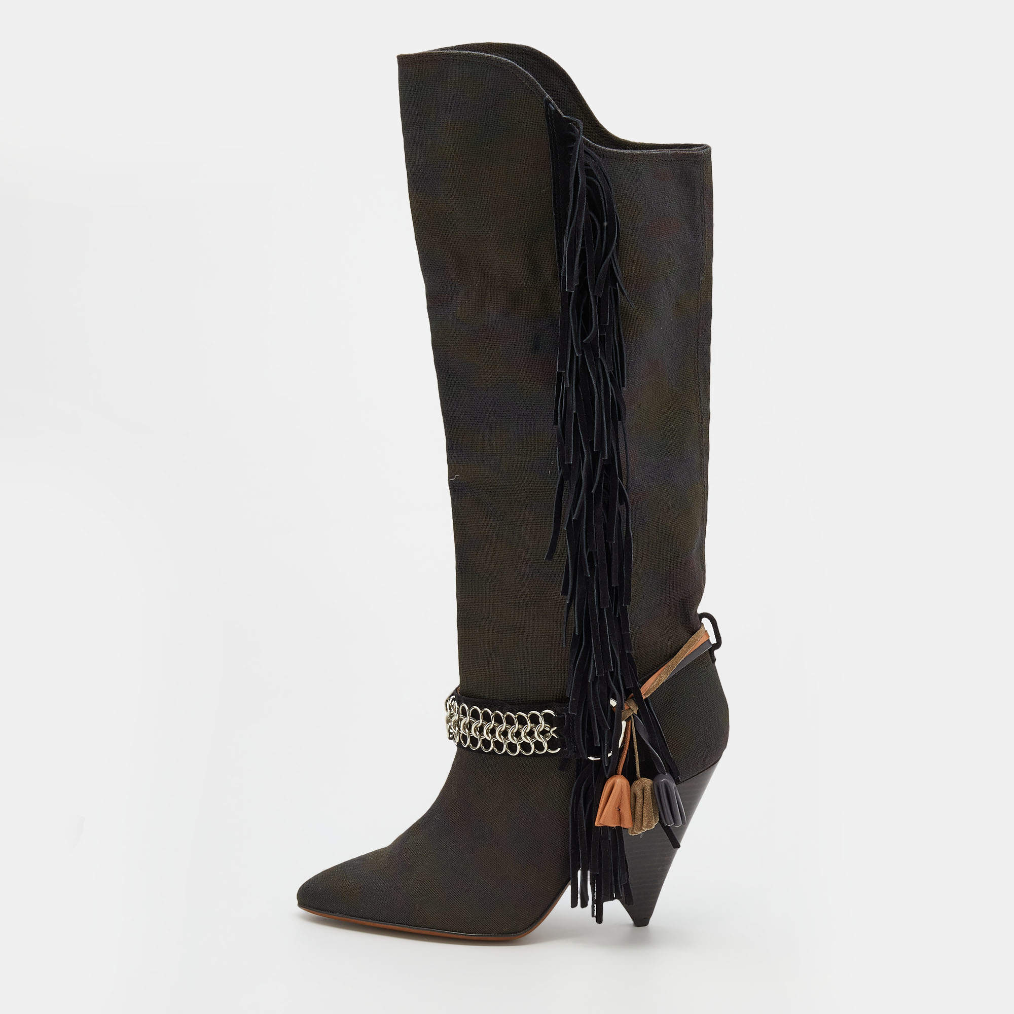 Pre Owned Isabel Marant Multicolor Canvas and Leather Knee Length Boots Size 40