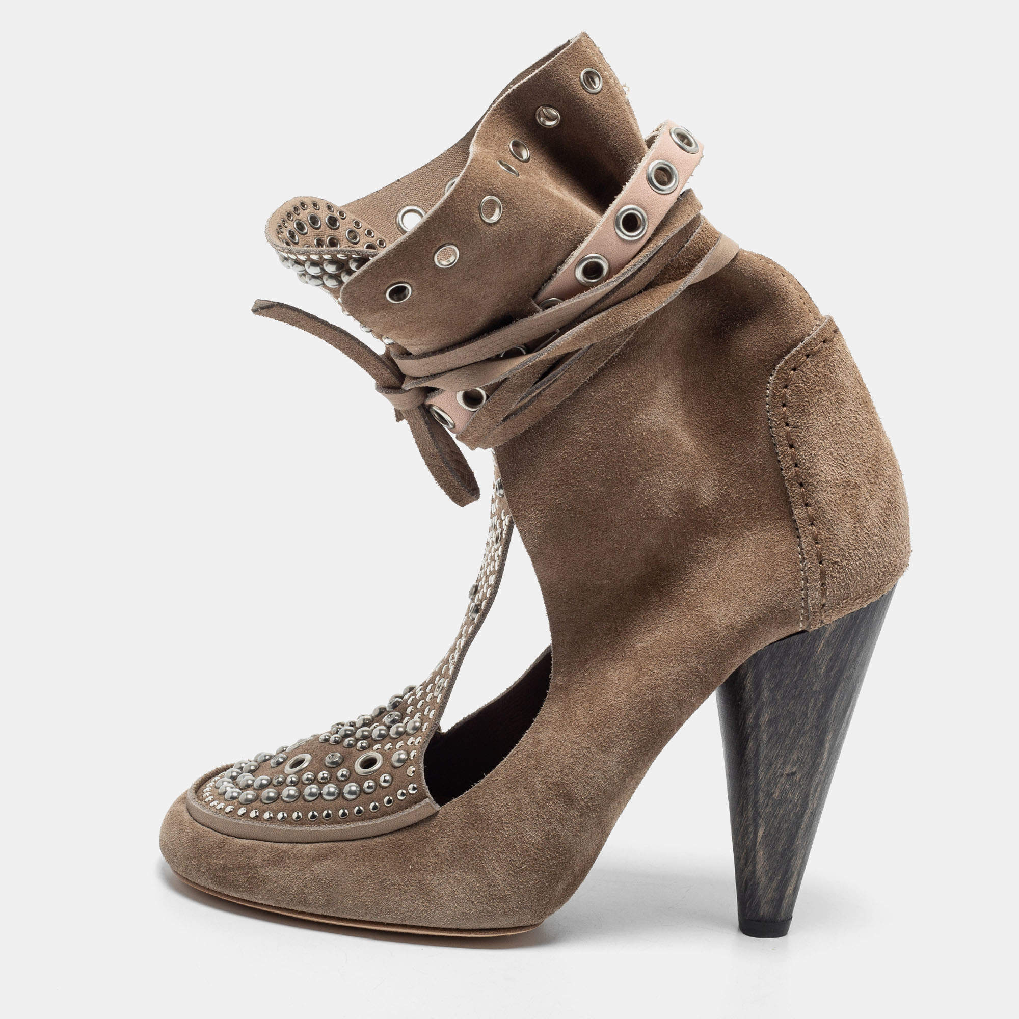 Pre Owned Isabel Marant Beige Suede Mossa Studded Cut Out Ankle Boots Size 38