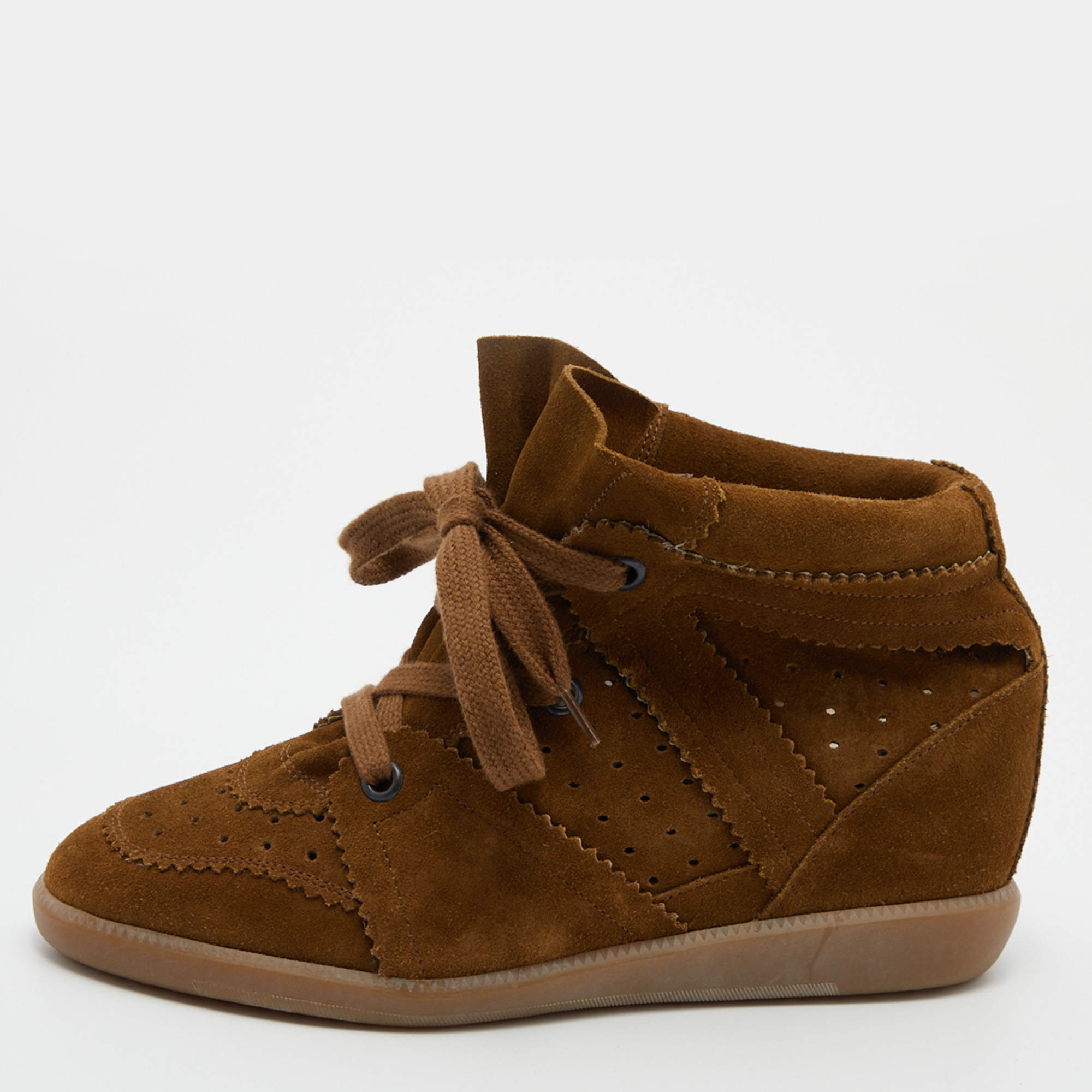 Pre Owned Isabel Marant Brown Suede Bobby Wedge Lace Up Sneakers Size 41