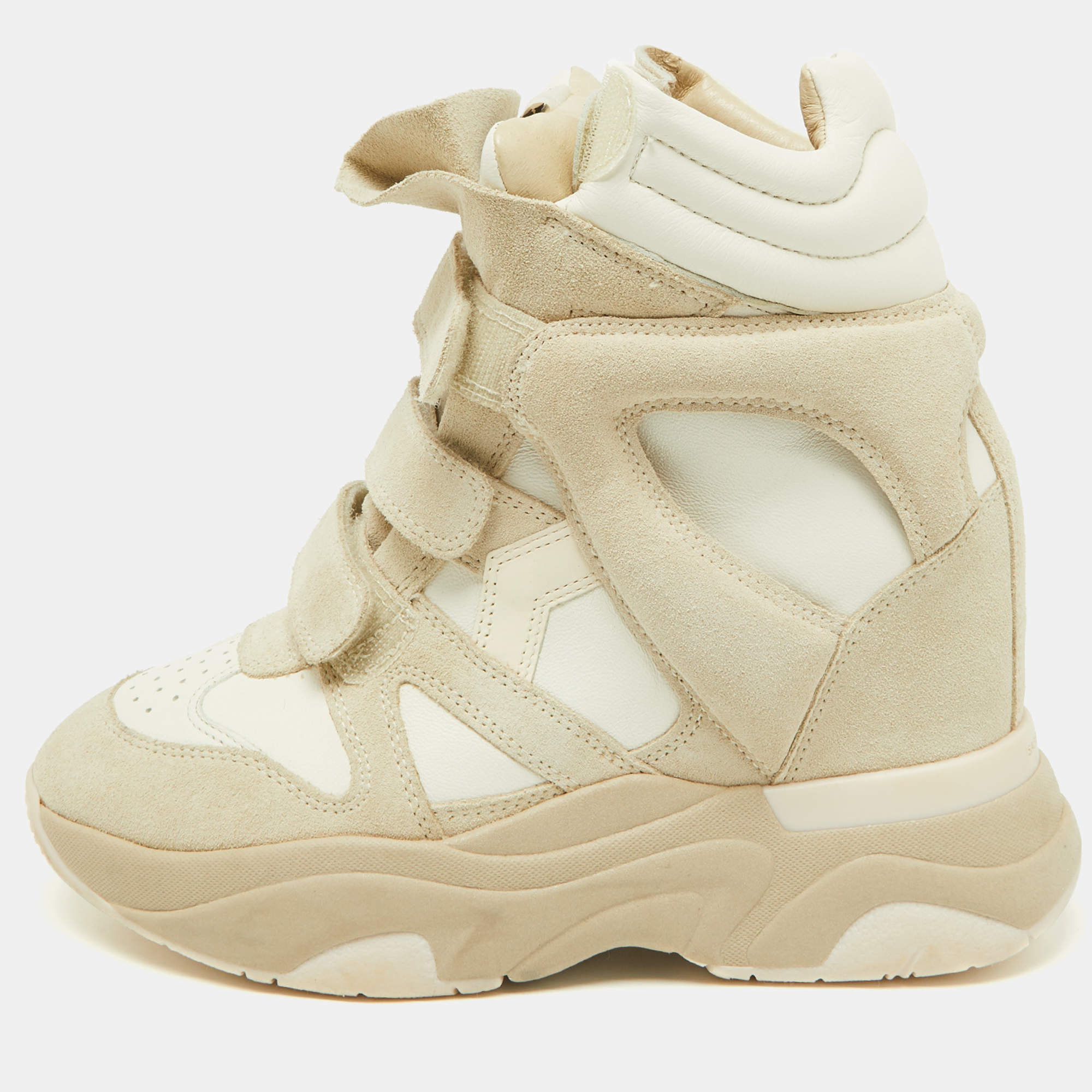 Pre Owned Isabel Marant Beige/Off White Leather and Suede High Top Wedge Sneakers Size 37