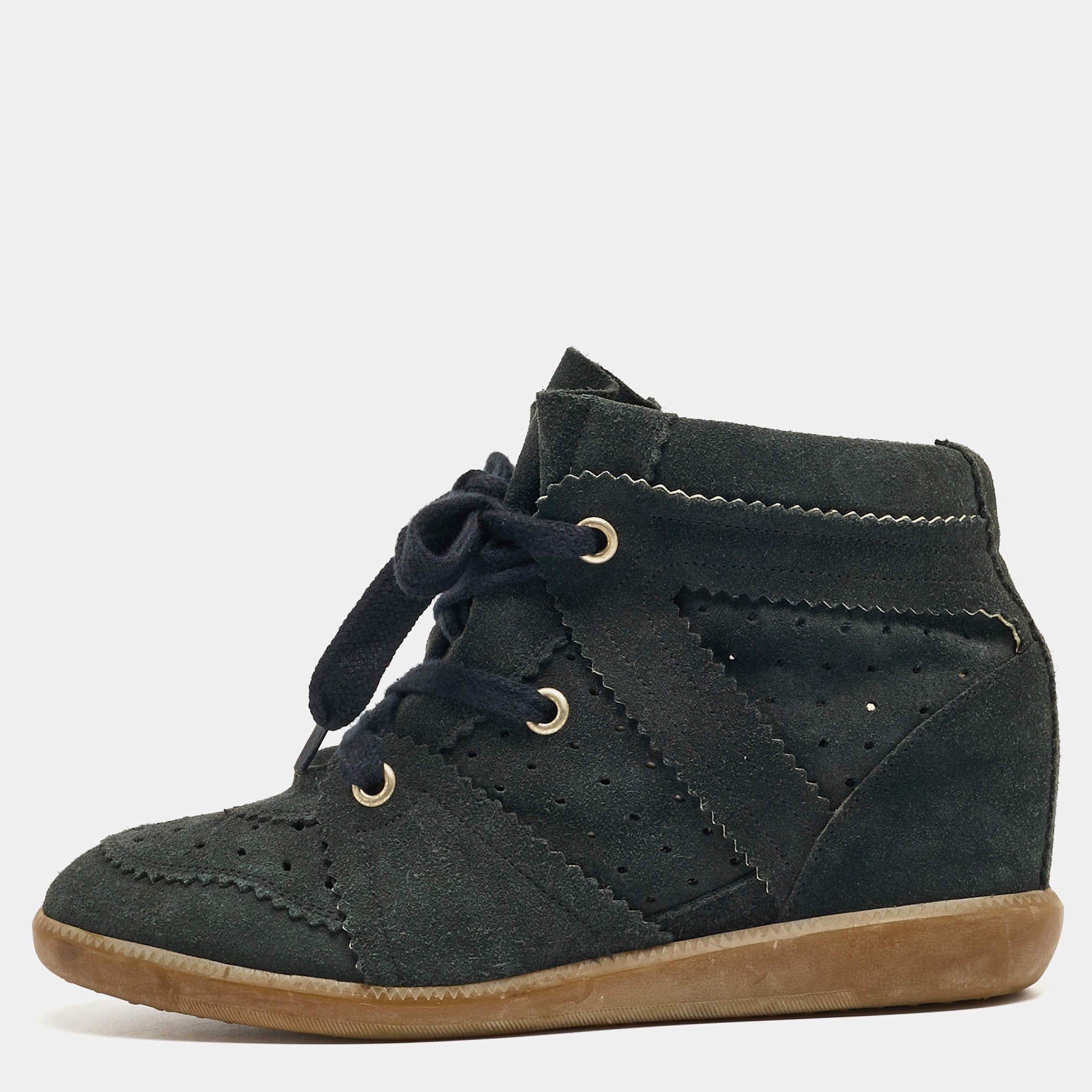 Pre Owned Isabel Marant Green Suede Bobby Wedge Sneakers Size 41
