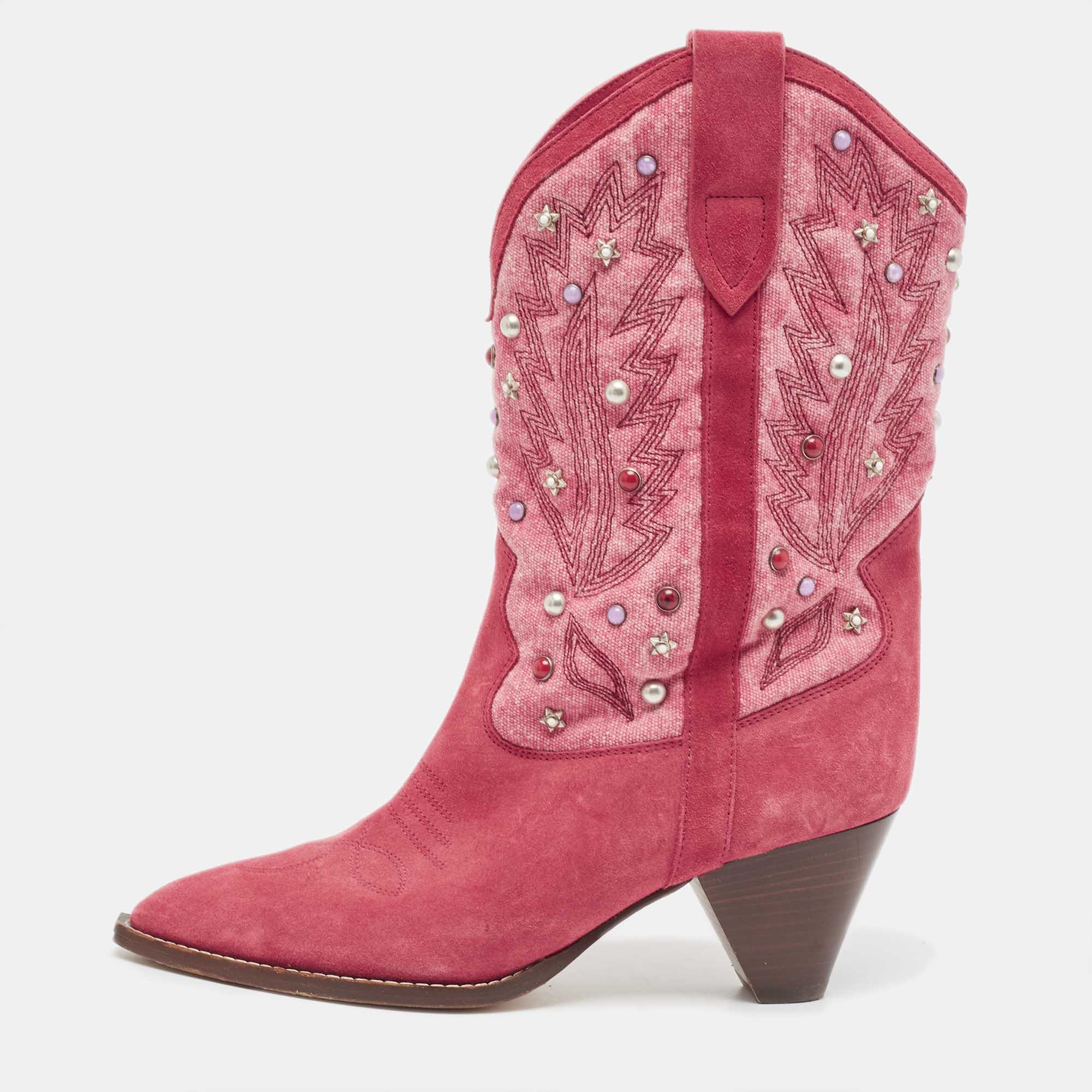 Pre Owned Isabel Marant Pink Suede Embellished Ankle Boots Size 38