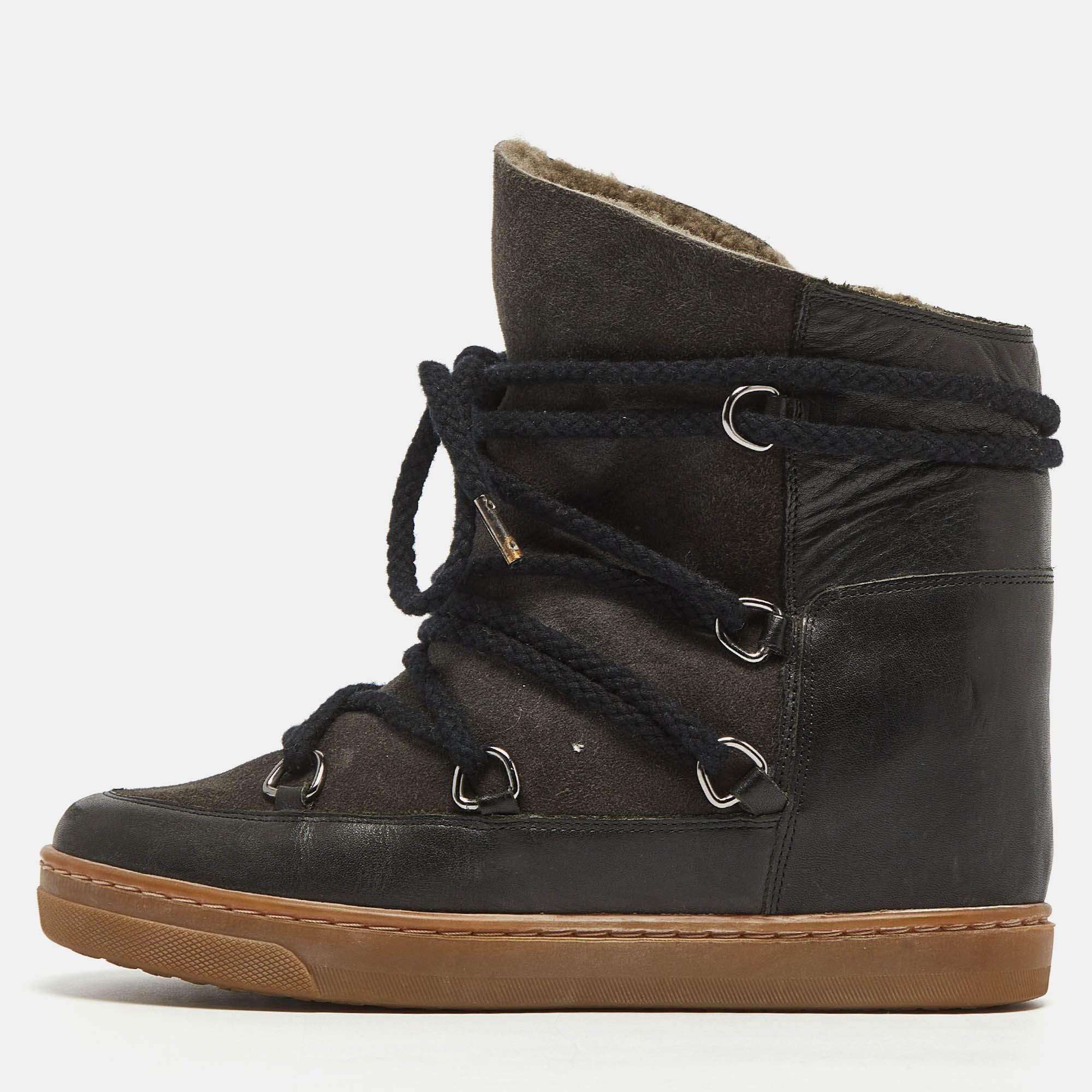 Pre Owned Isabel Marant Black Suede and Leather Shearling Nowles Ankle Boots Size 38