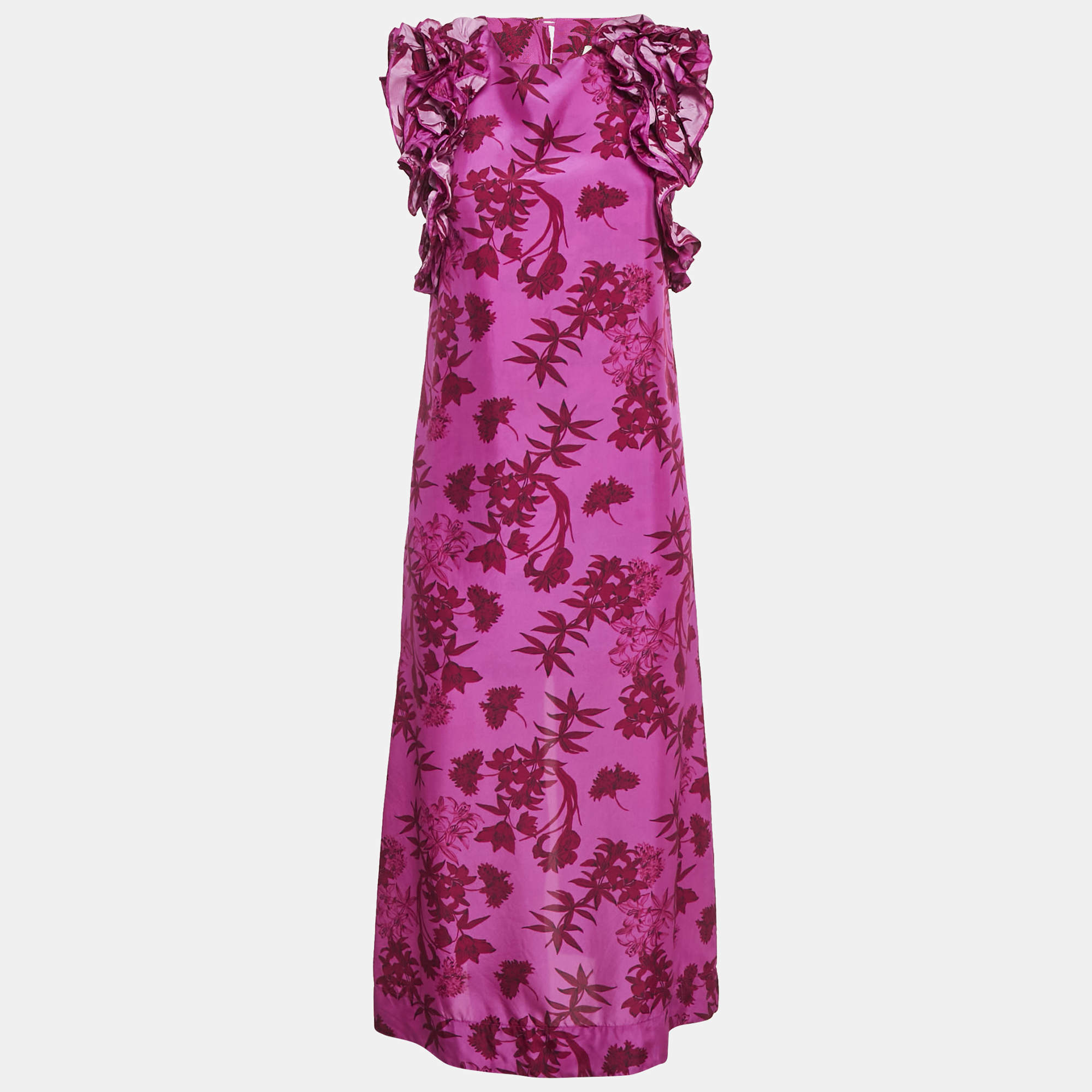 Pre Owned Isla & White Pink Floral Print Silk Ruffle-Sleeve Miray Dress XS