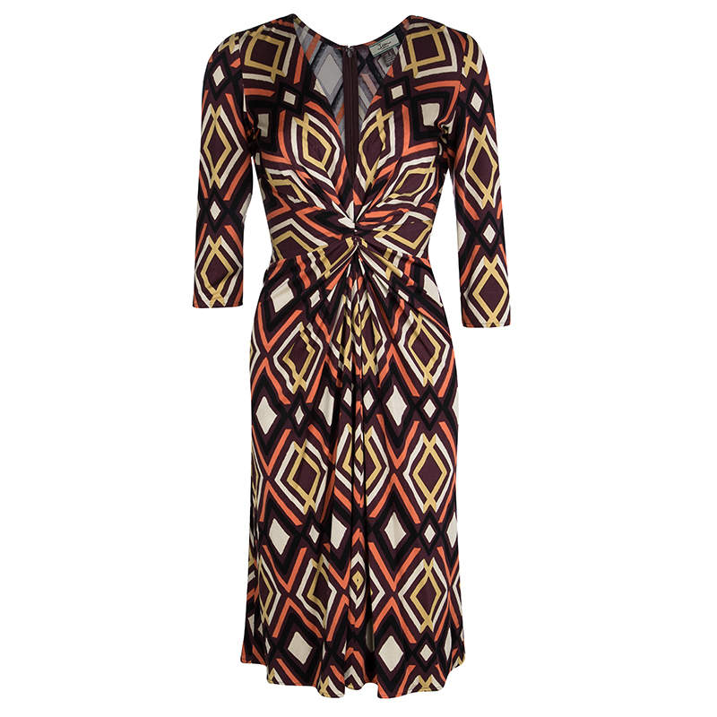 Issa Multicolor Geometric Printed Silk Jersey Draped Front Dress S
