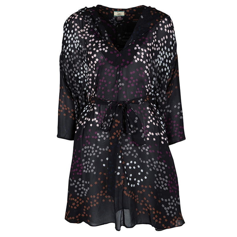Issa Black Leaf Printed Silk Oversized Belted Hooded Tunic M