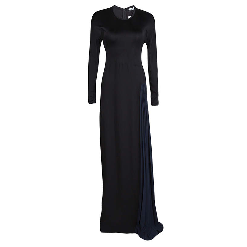 Pre Owned فستان عيسى ماكسي جورجت مزدوج فانكا هيفي تفاصيل قصات بليز مغاير أسود M