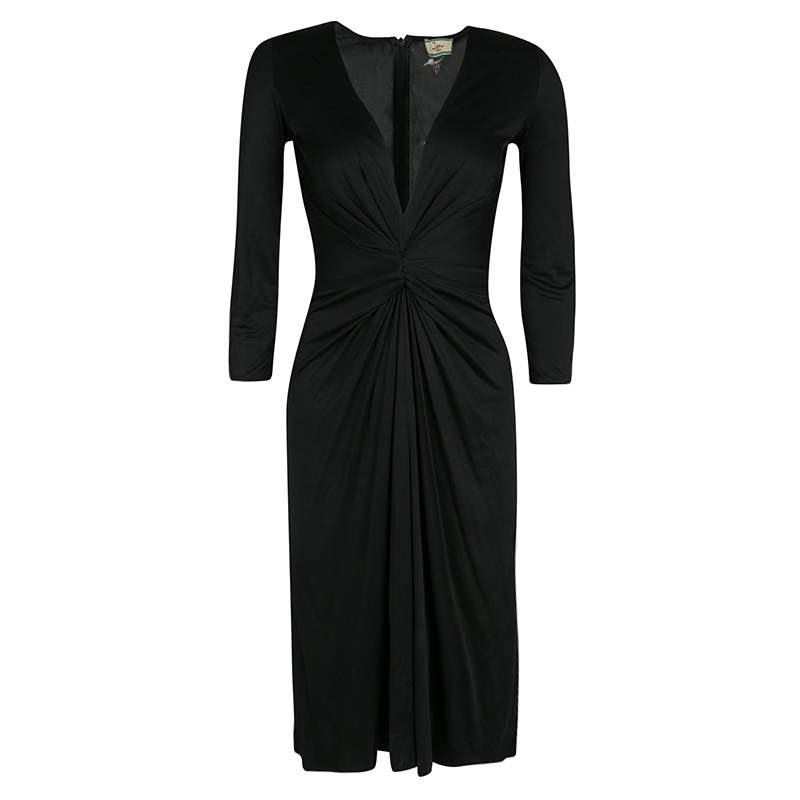 Pre Owned فستان عيسى حرير جيرسيه أسود بطيات أكمام طويلة S