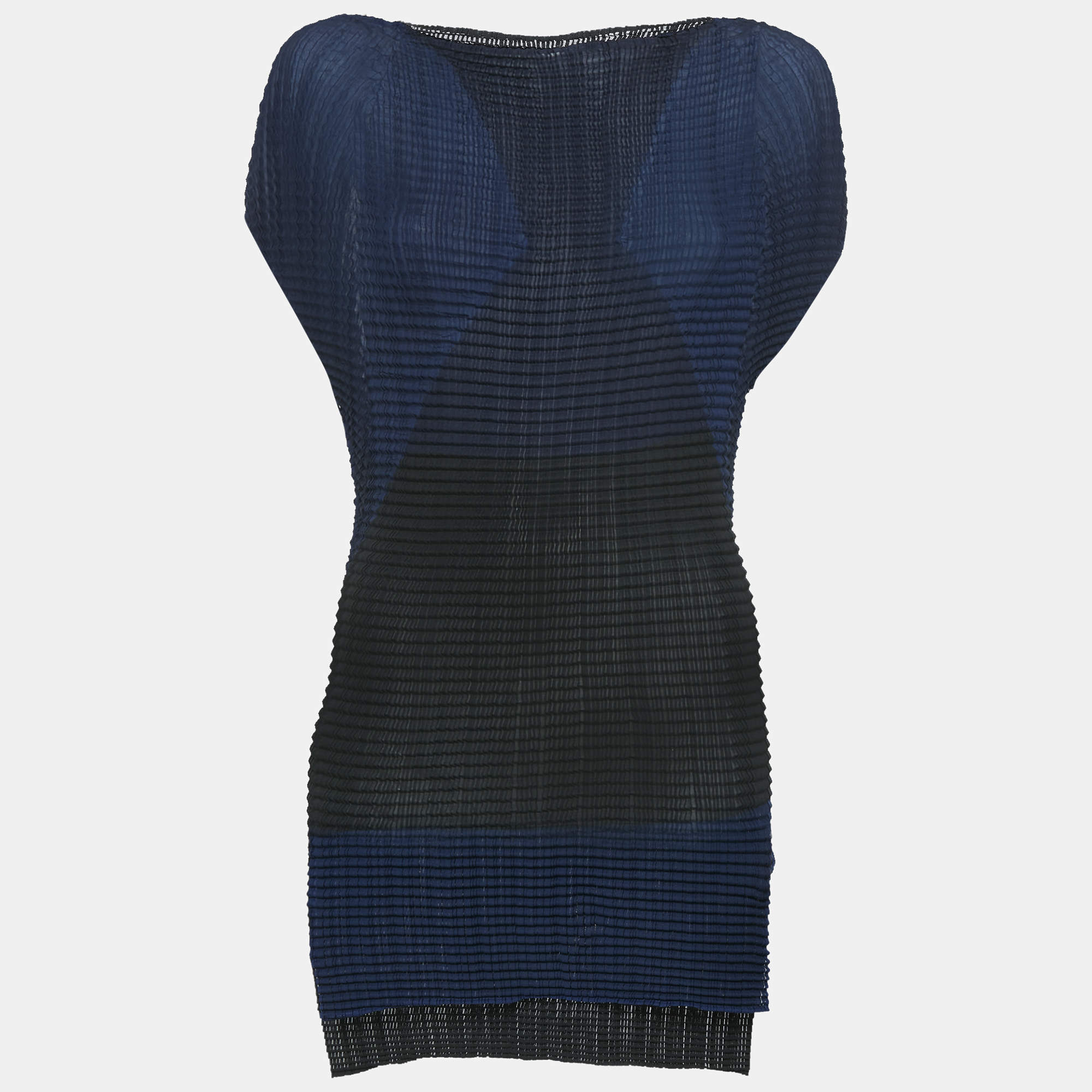 Issey Miyake Black/Blue Plisse Cap Sleeve Top S