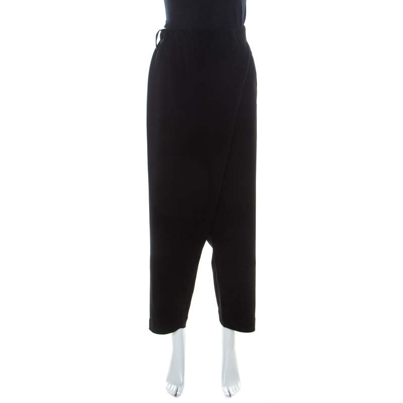 Issey Miyake Black Crepe Elasticized Waist Overlap Detail Pants XS 