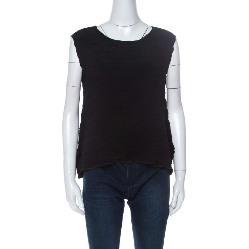 Issey Miyake Black Geometric Plisse Sleeveless Asymmetric Top S