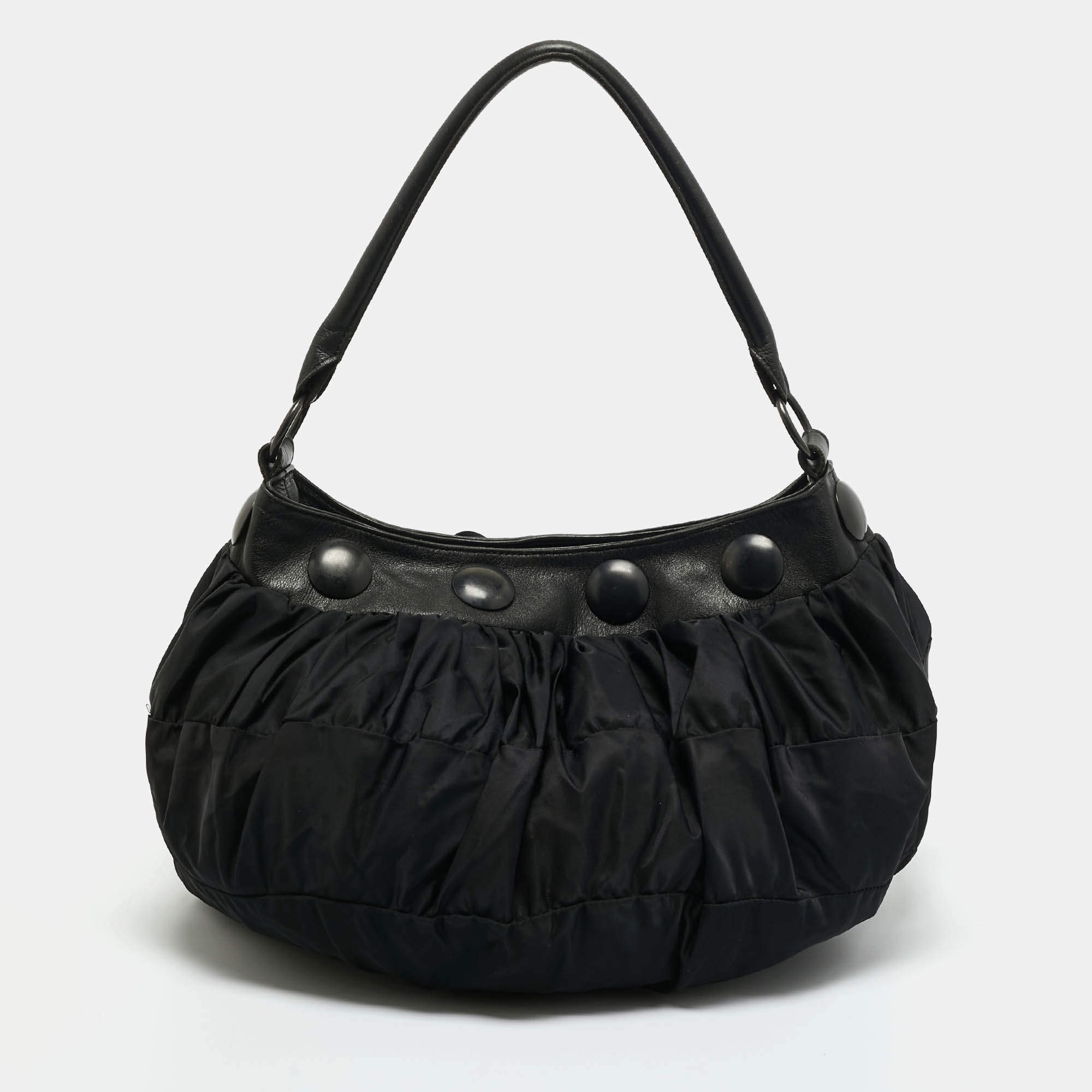 Pre Owned Issey Miyake Black Ruched Nylon Studded Hobo
