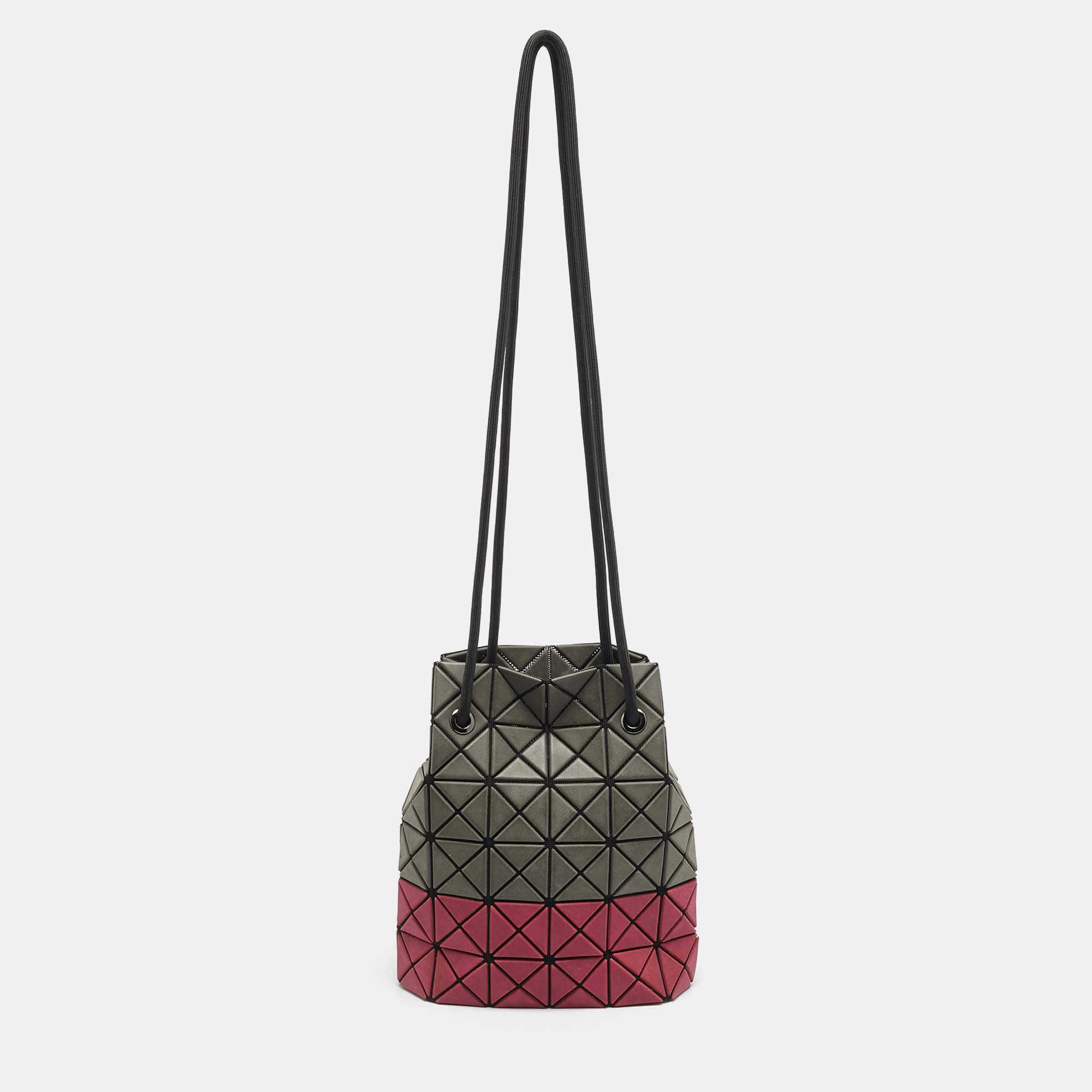 Pre Owned Issey Miyake Baobao Grey/Burgundy PU Leather and Mesh Nylon Bucket Bag