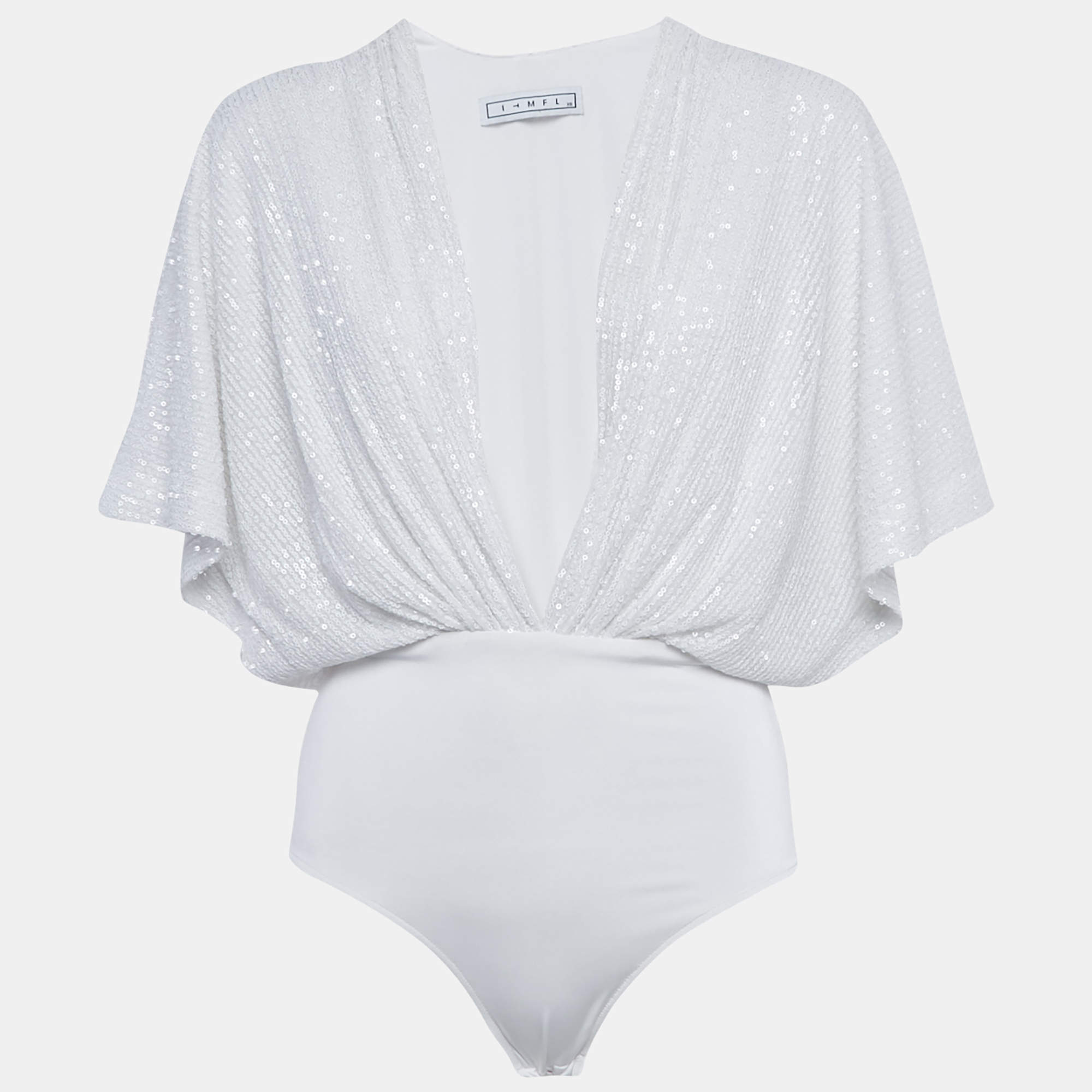 Pre Owned ITMFL White Sequin Plunge Neck Bodysuit XS