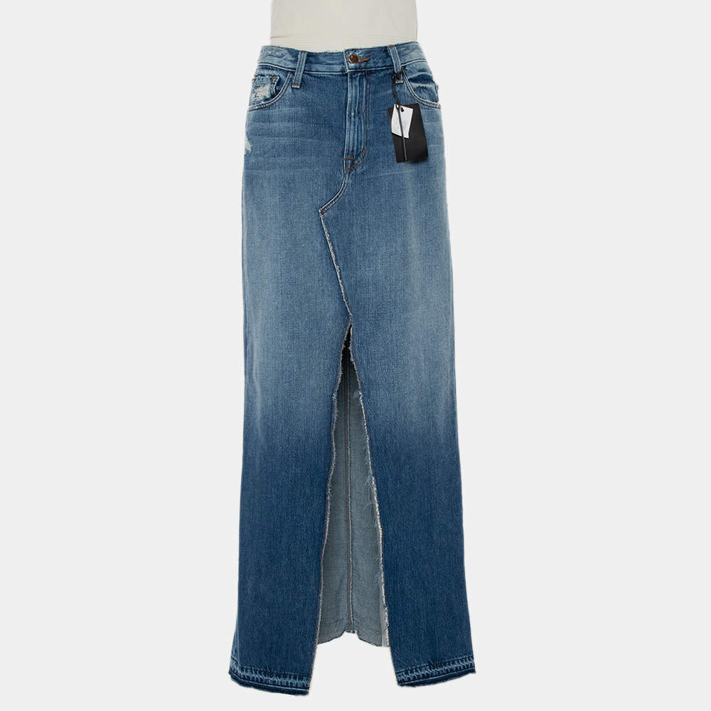 J Brand Blue Denim Slit Detail Distressed Trystan Maxi Skirt M