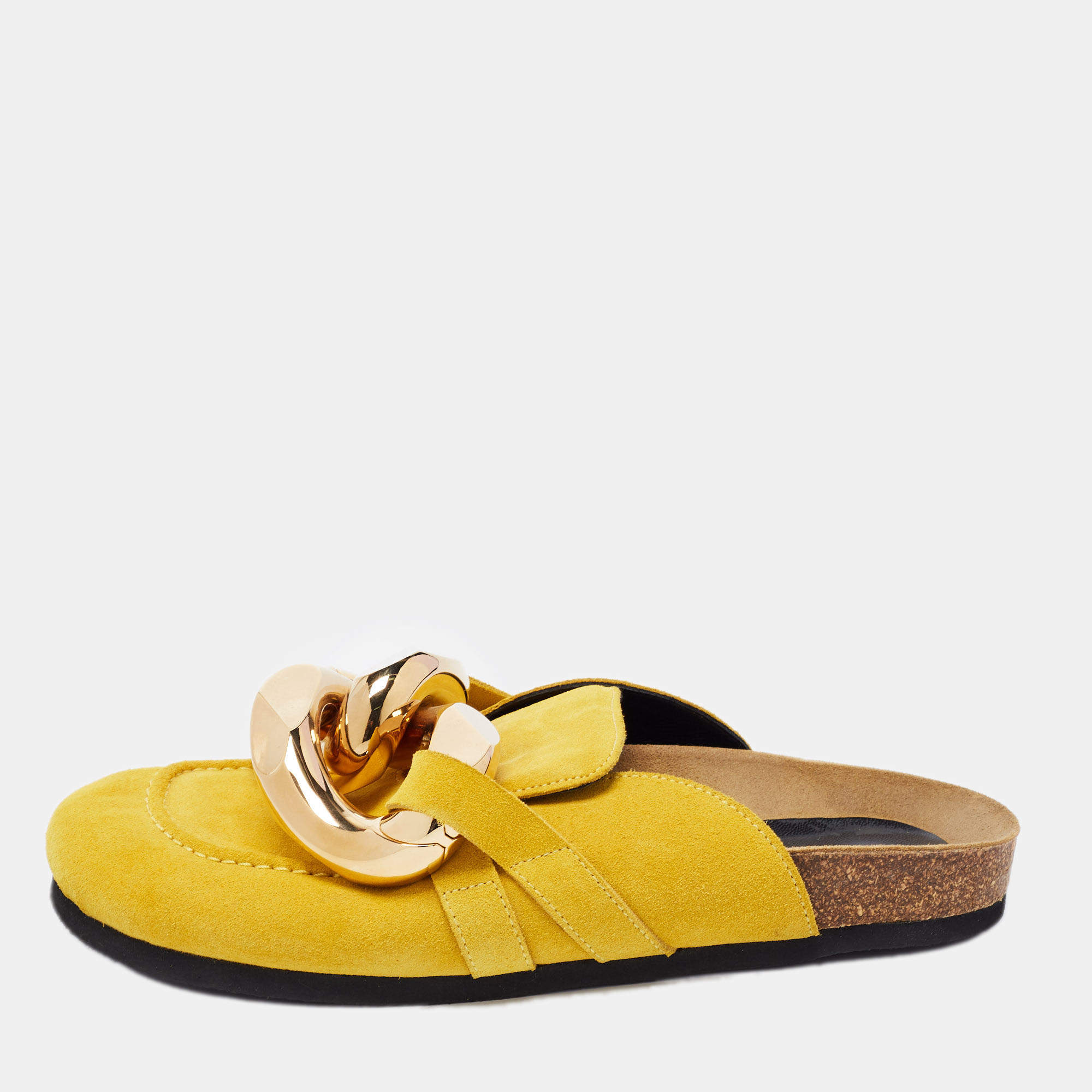 J.W.Anderson Yellow Suede Chain Link Accents Flat Slides Size 40