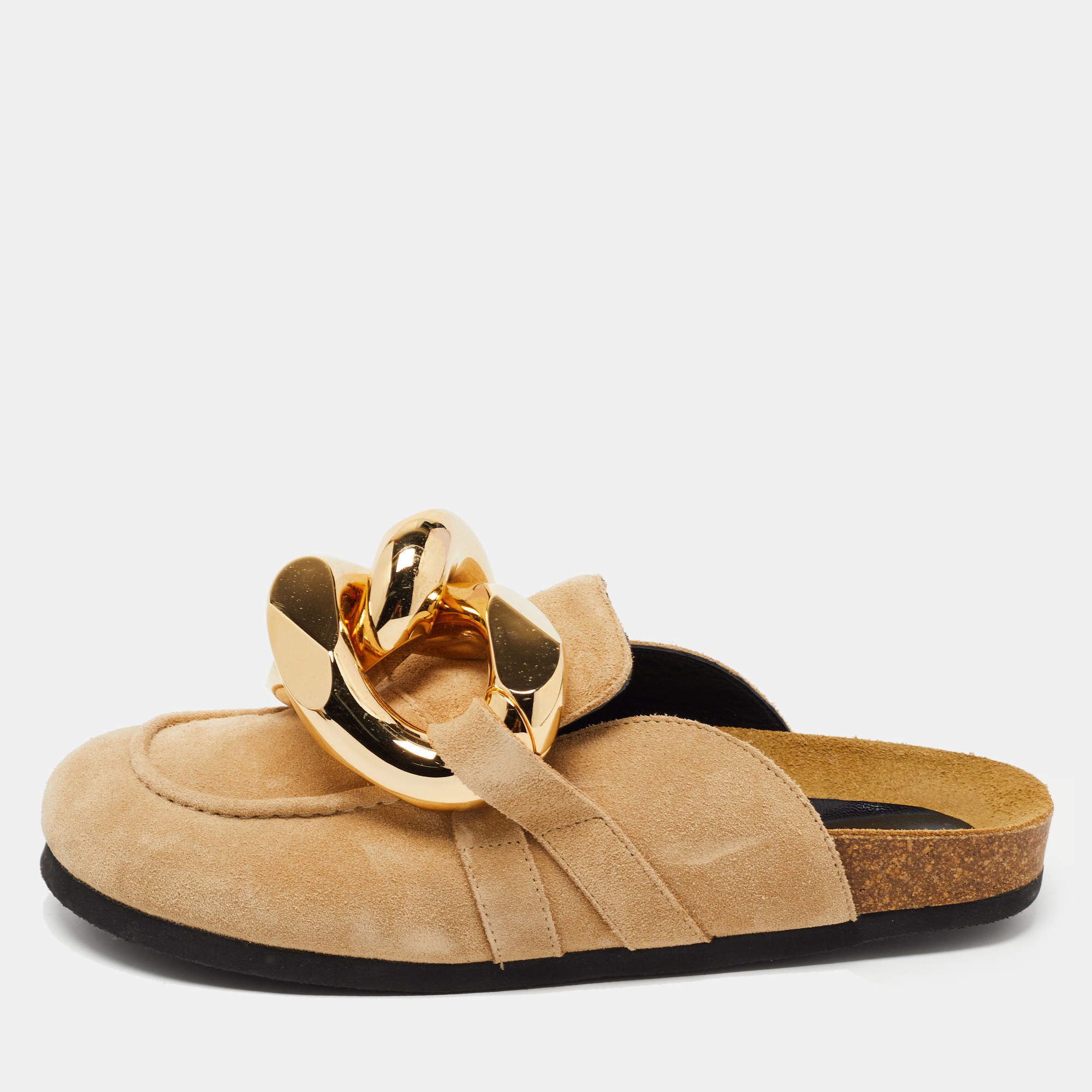 J.W.Anderson Brown Suede Chain Link Accents Flat Slide Sandals Size 38