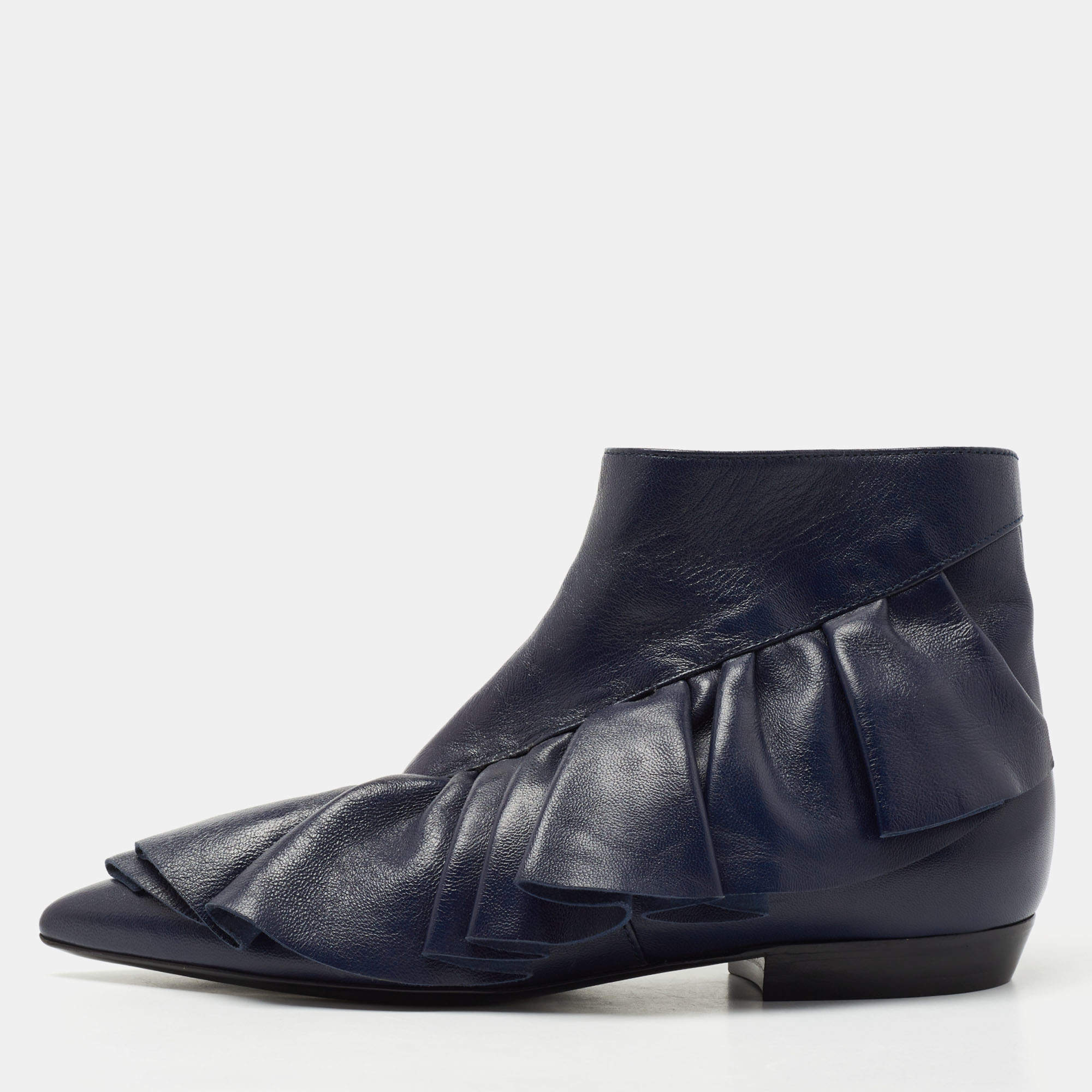 J.W.Anderson Navy Blue Leather Ruffle Ankle Boots Size 36