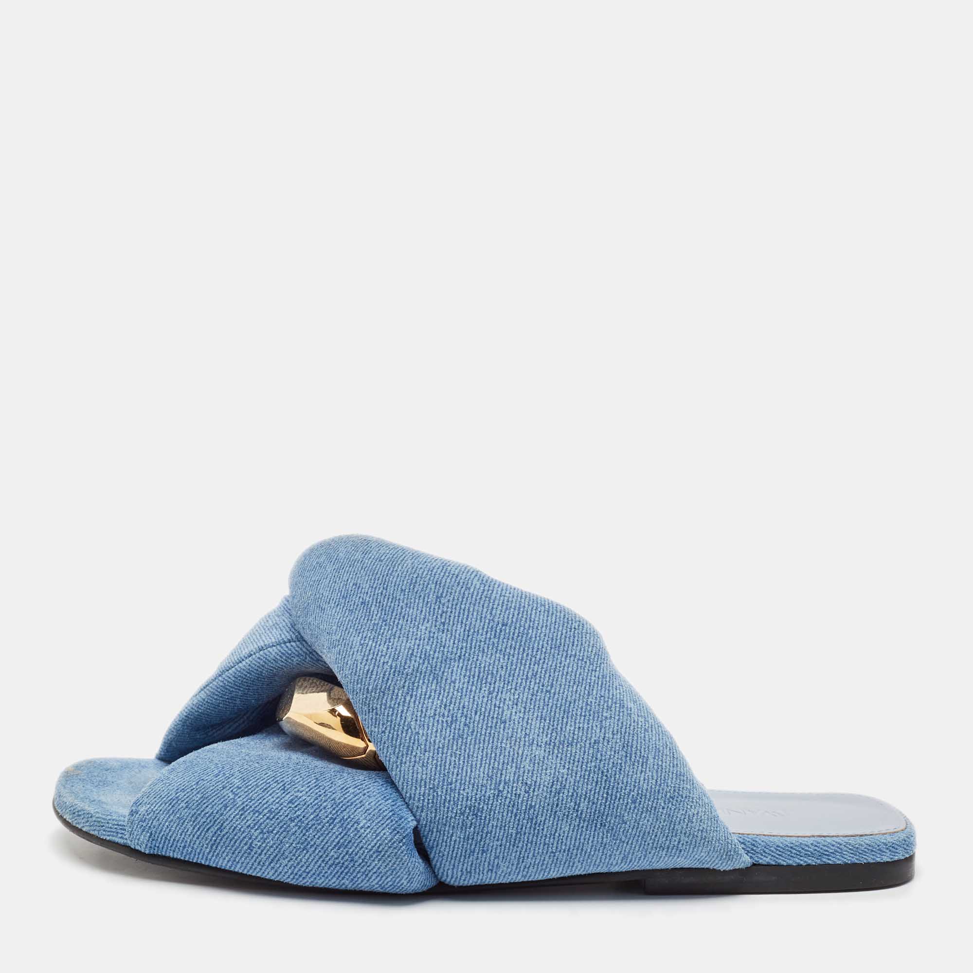 Pre Owned J.W.Anderson Blue Denim Chain Link Accents Flat Slide Sandals Size 41