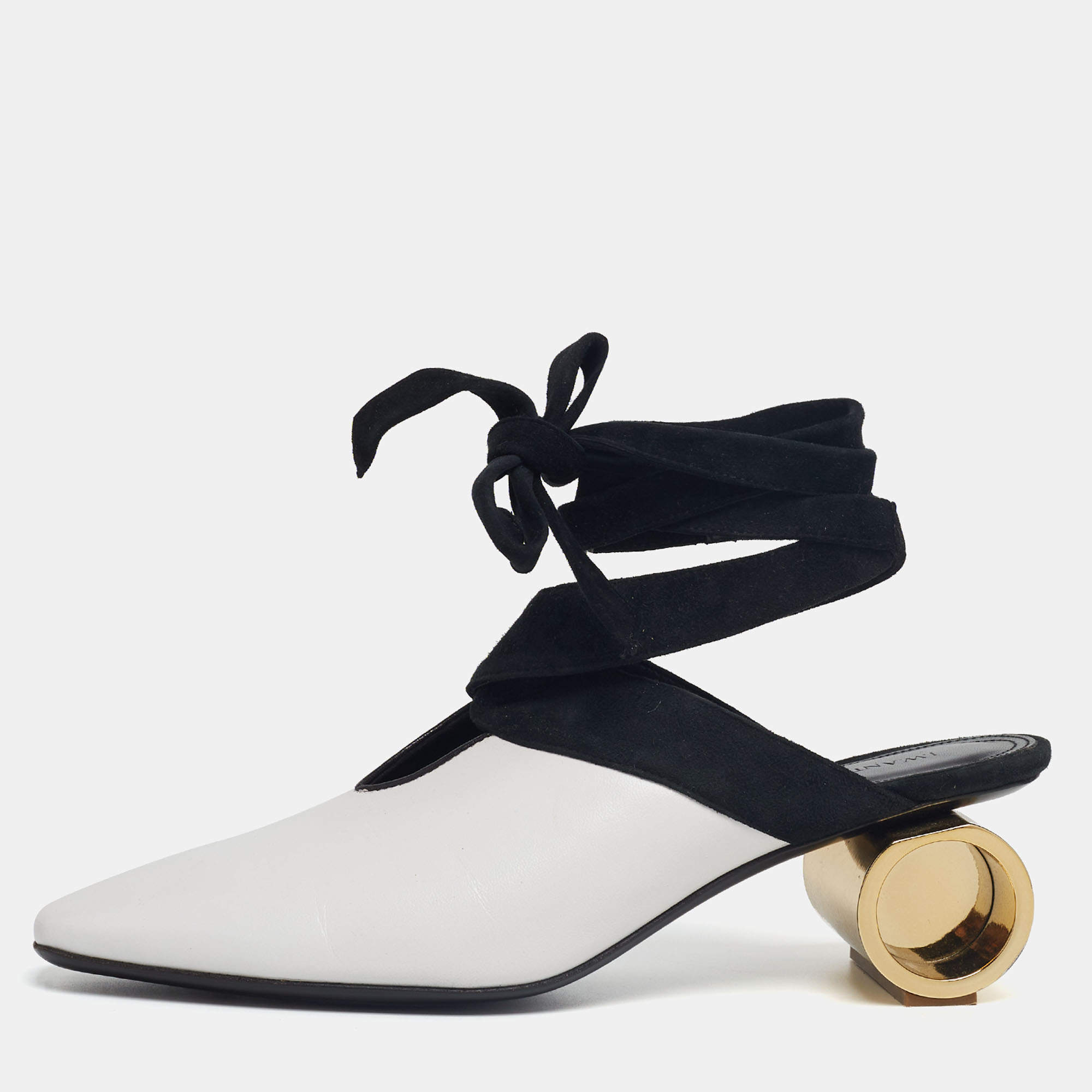 J.W. Anderson White/Black Suede And Leather Tie Cylindrical Heel Mules Size 41 