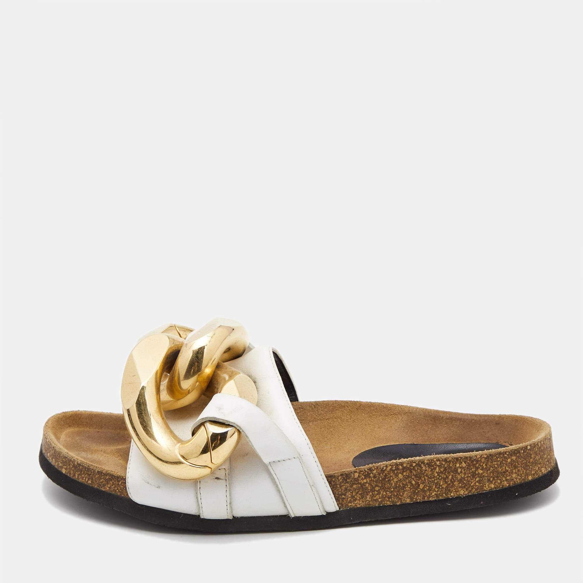 J,W. Anderson White Leather Chain Flat Slides Size 39