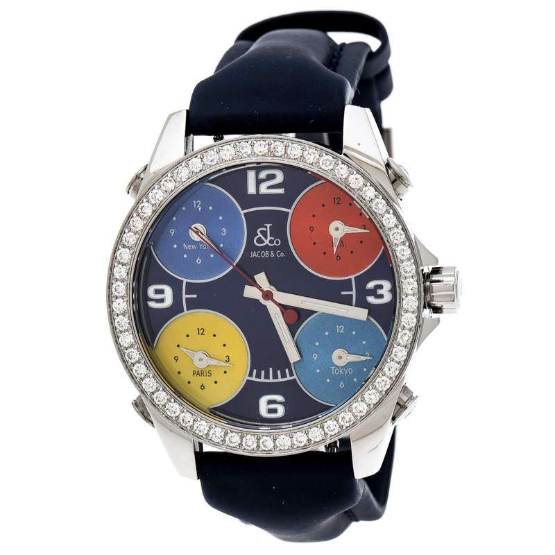 Jacob Co. Multi Color Dial Stainless Steel Diamond Five Time