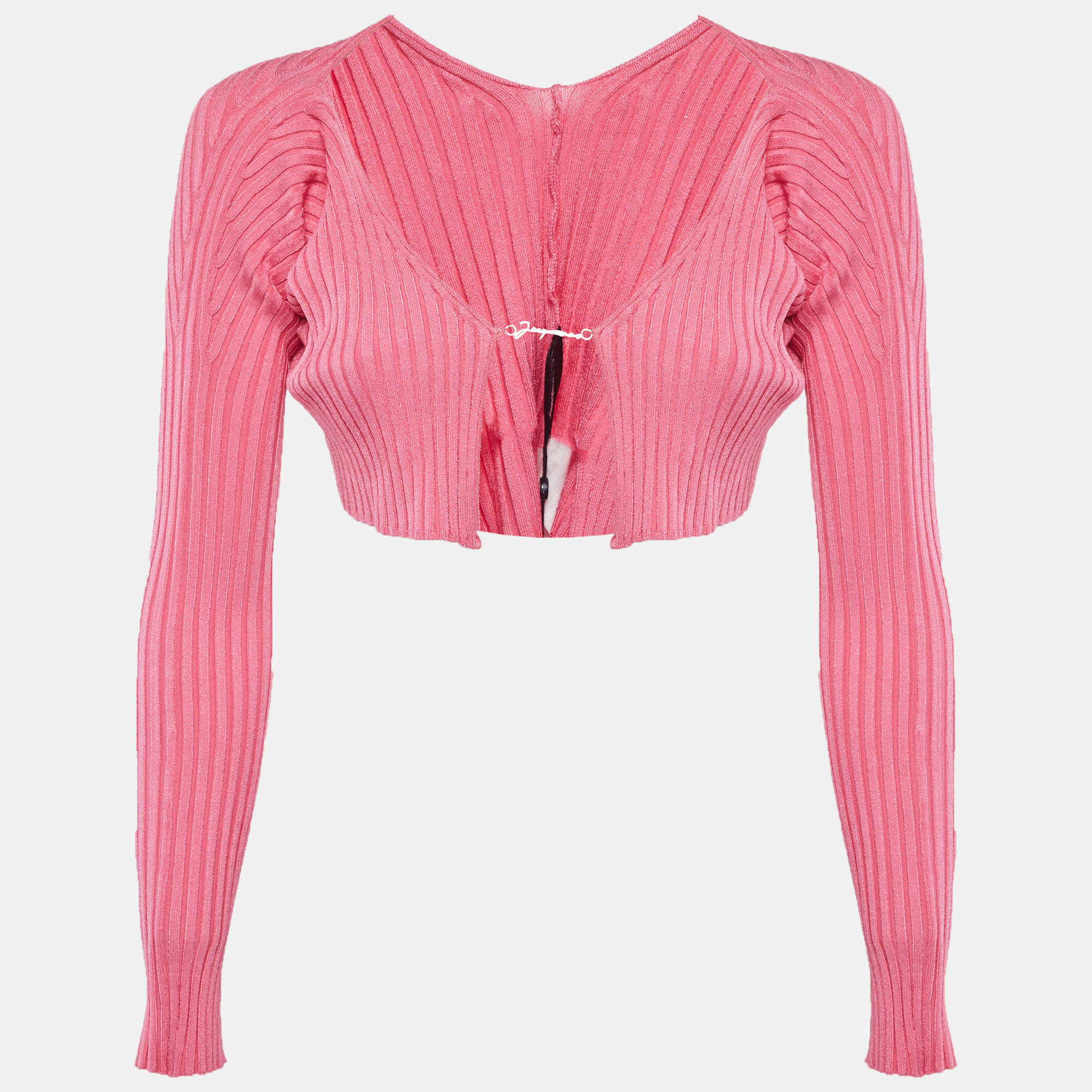 Pre Owned Jacquemus Pink Rib Knit La Maille Pralù Cropped Cardigan L