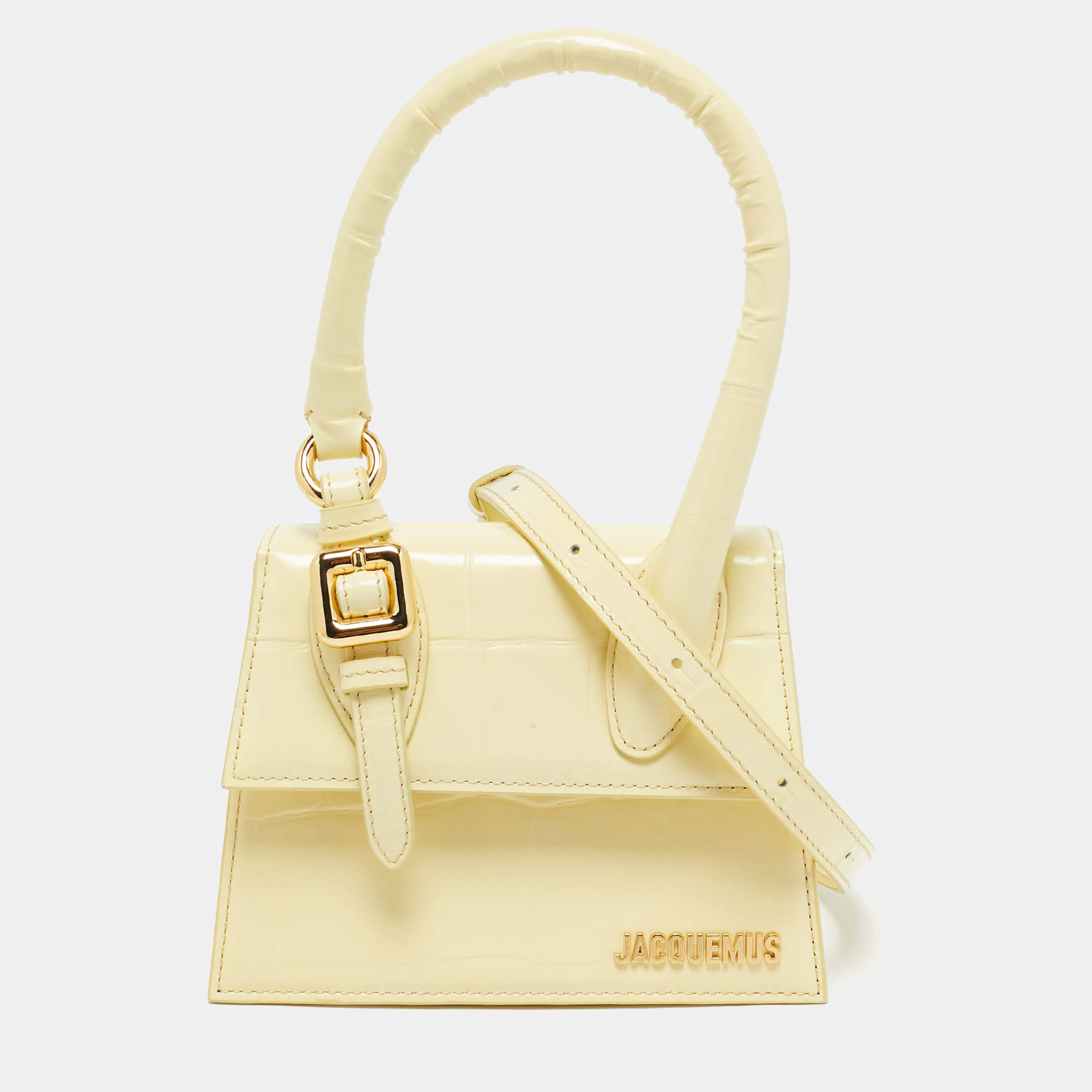 مملوكة مسبقًا Jacquemus Pale Yellow Croc Embossed Leather Le Chiquito Top Handle Bag
