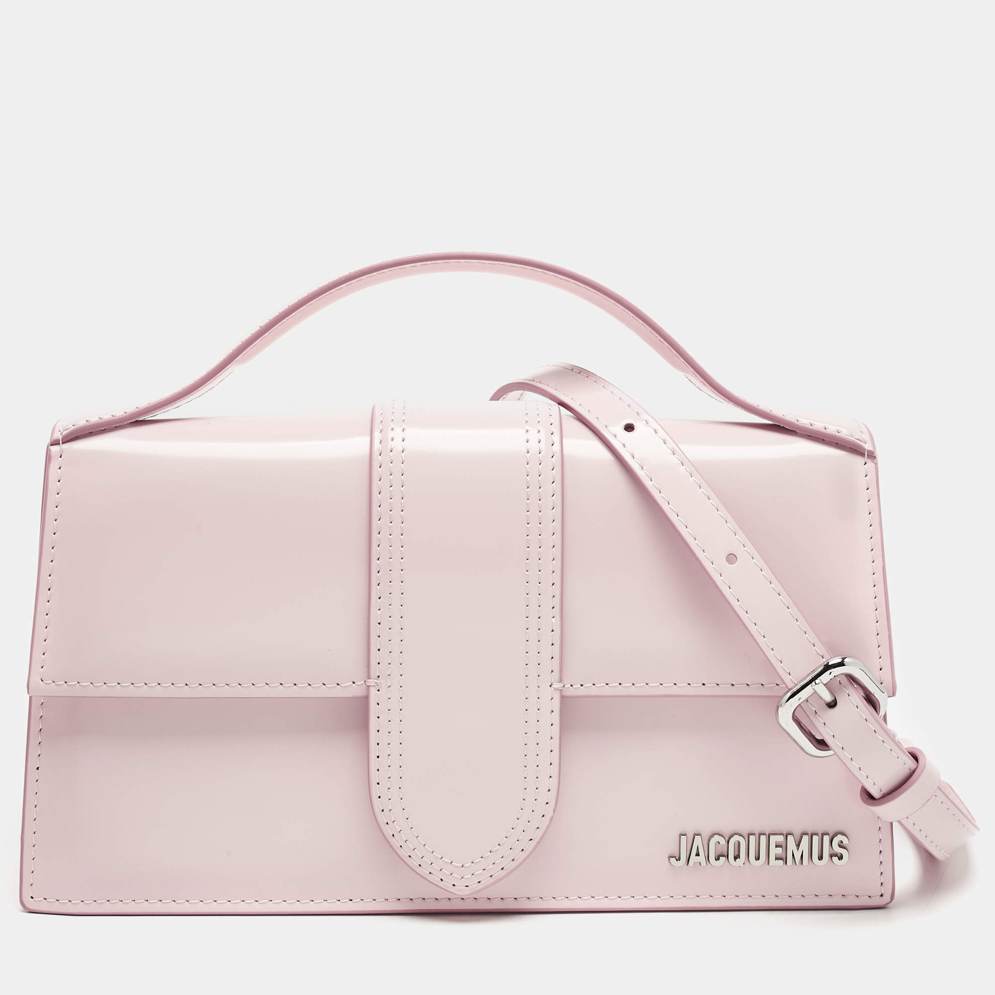 Pre Owned Jacquemus Pale Pink Patent Leather Le Grand Bambino Top Handle Bag