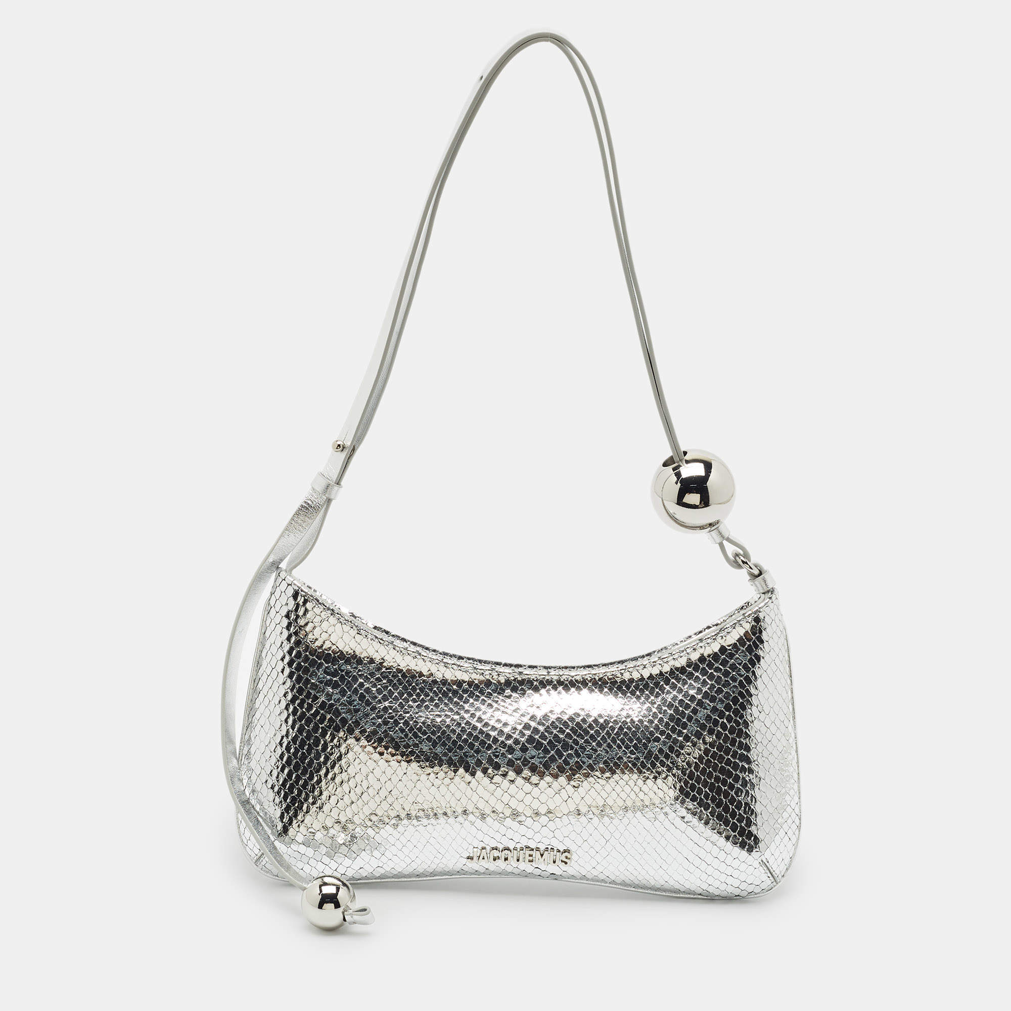 Pre Owned Jacquemus Silver Snakeskin Embossed Patent Leather Le Bisou Perle Shoulder Bag