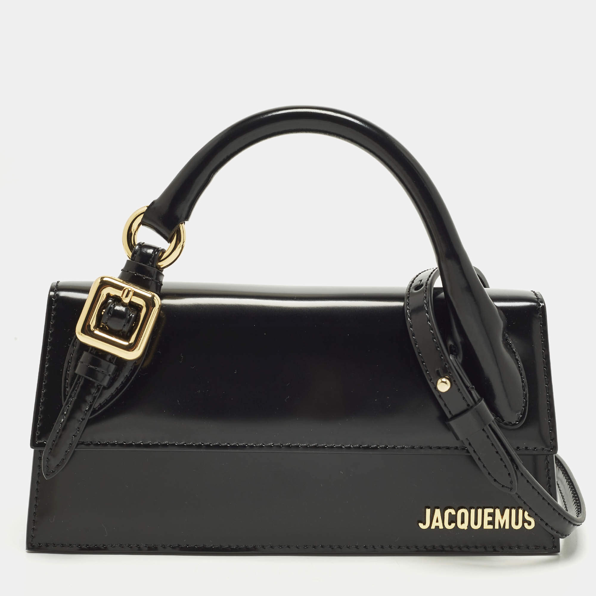مملوكة مسبقًا Jacquemus Long Le Chiquito Boucle Black Glossy Leather Top Handle Bag