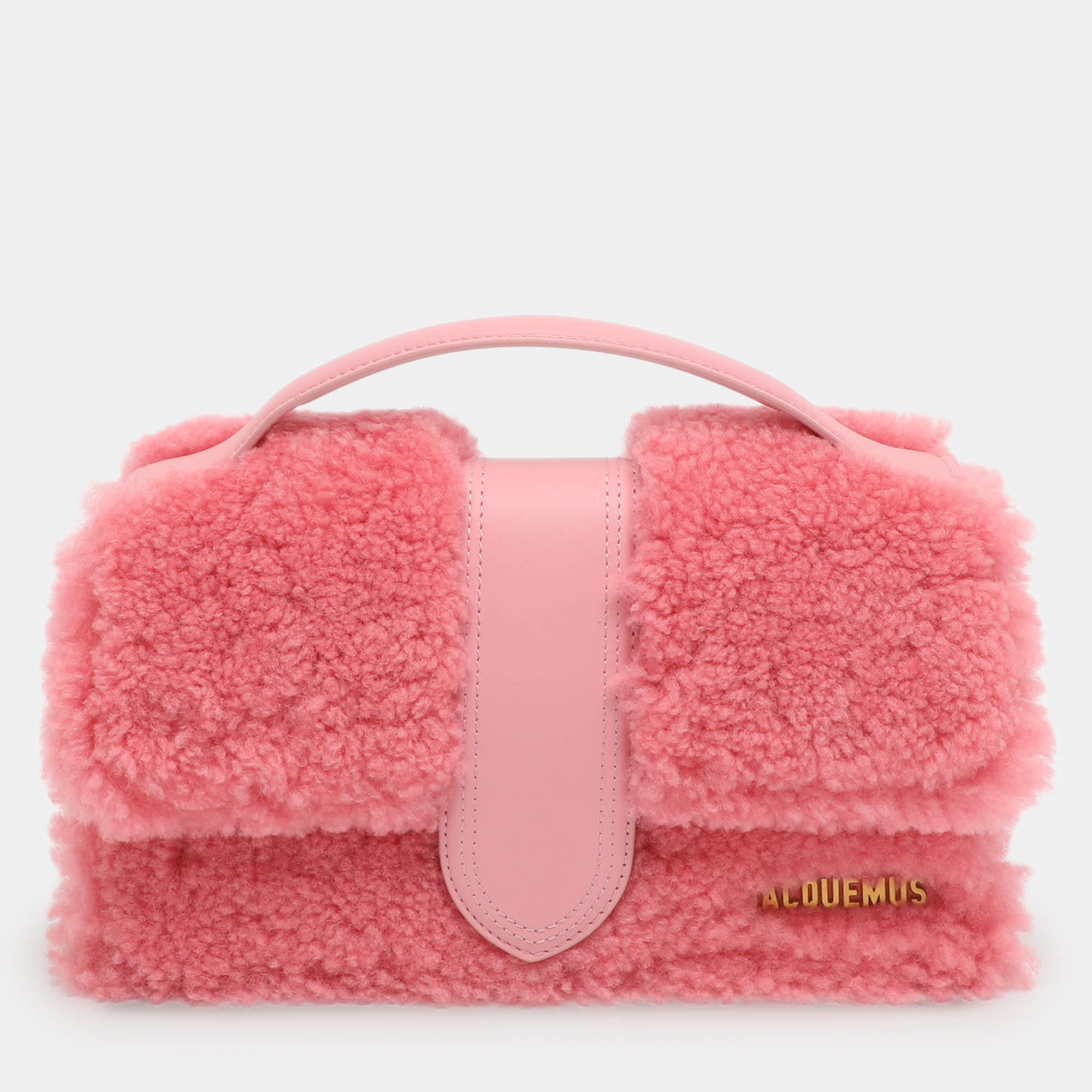 Pre Owned Jacquemus Le Bambino Pink Leather and Shearling Fur Top Handle Bag