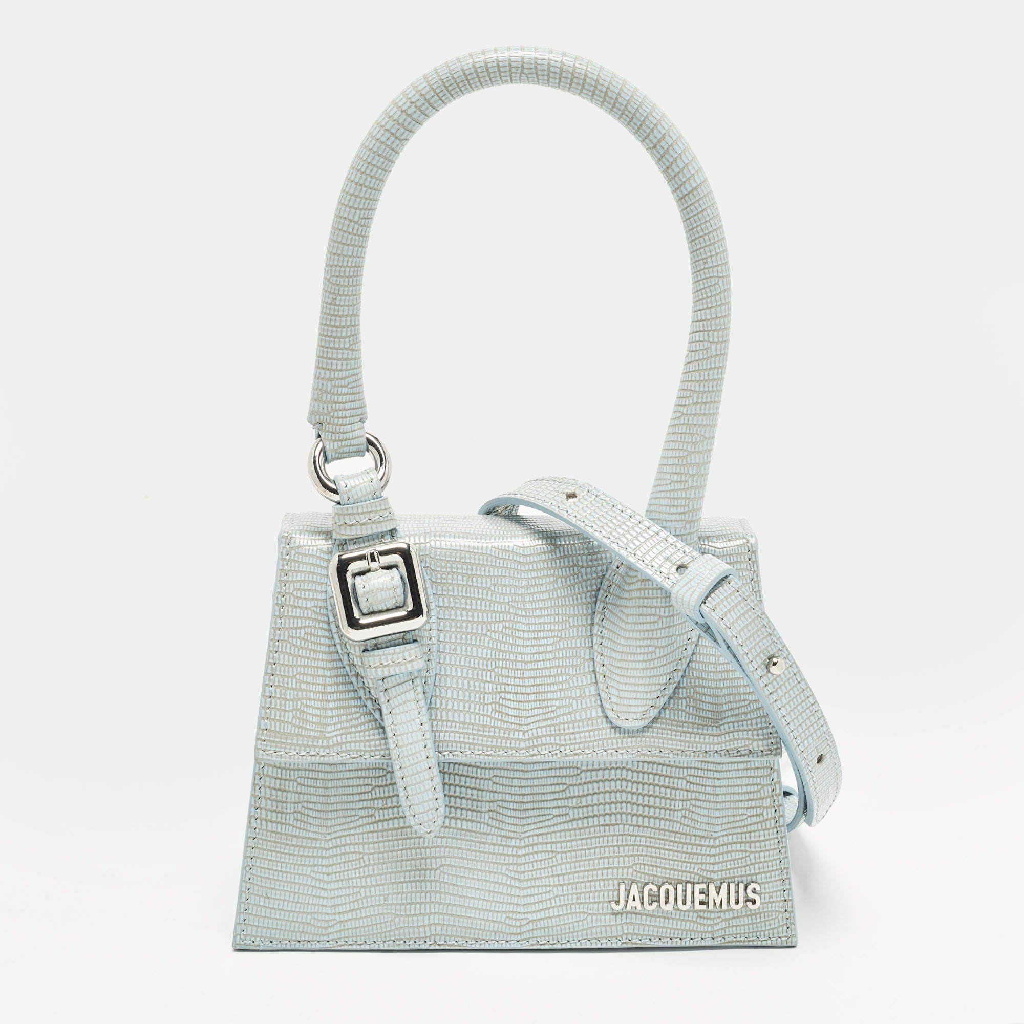 Pre Owned Jacquemus Le Chiquito Moyen Boucle Light Blue Lizard Embossed Leather Top Handle Bag