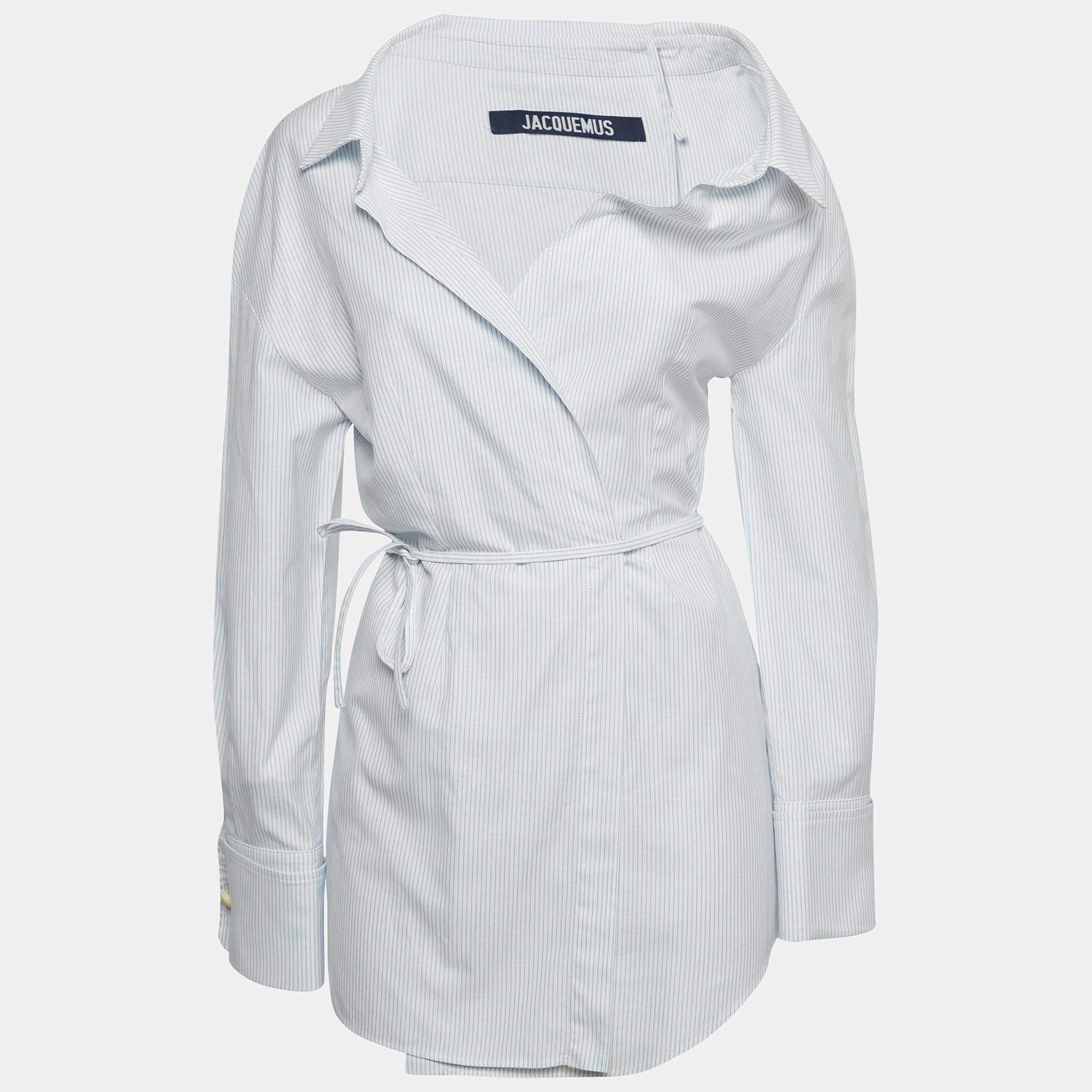Jacquemus White/Blue Pinstripe Cotton Asymmetric Mini Dress S