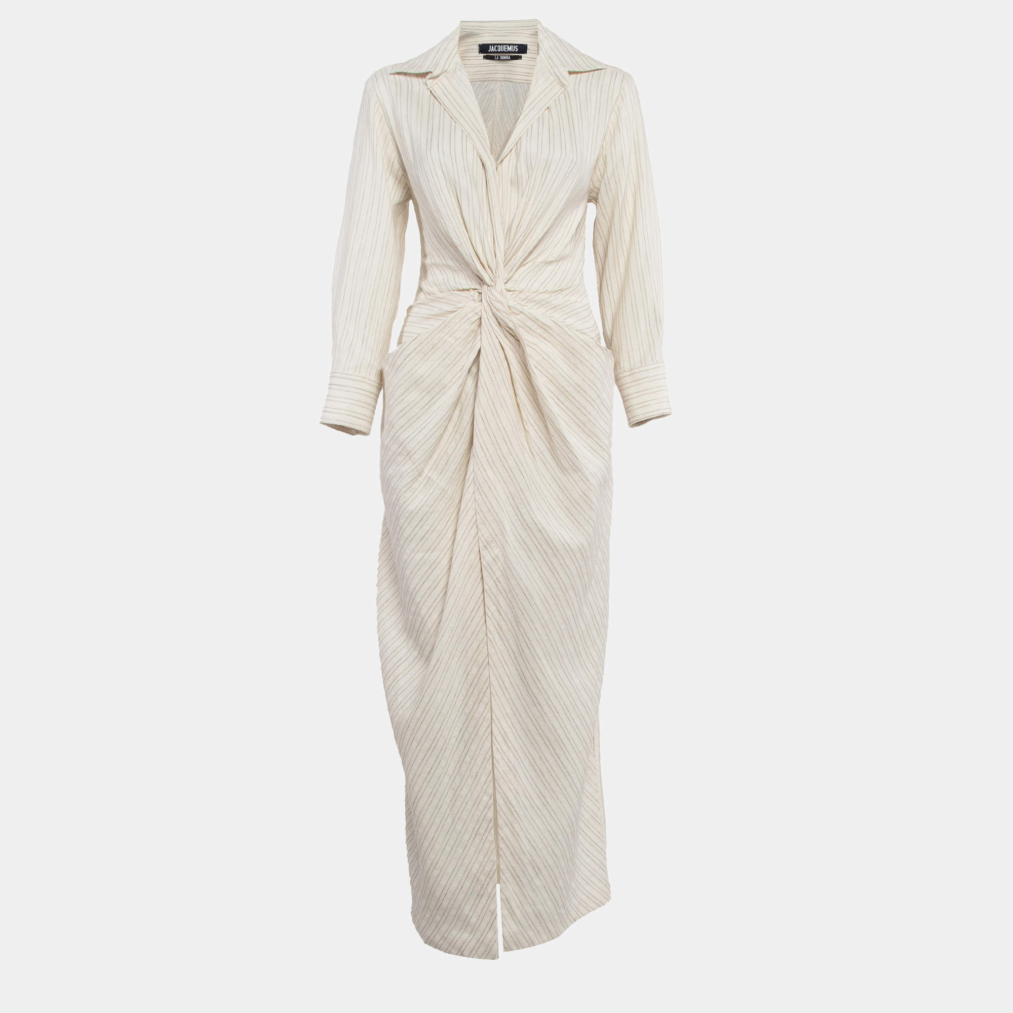 Jacquemus Off-White Pinstripe Linen Blend La Bomba Dress S