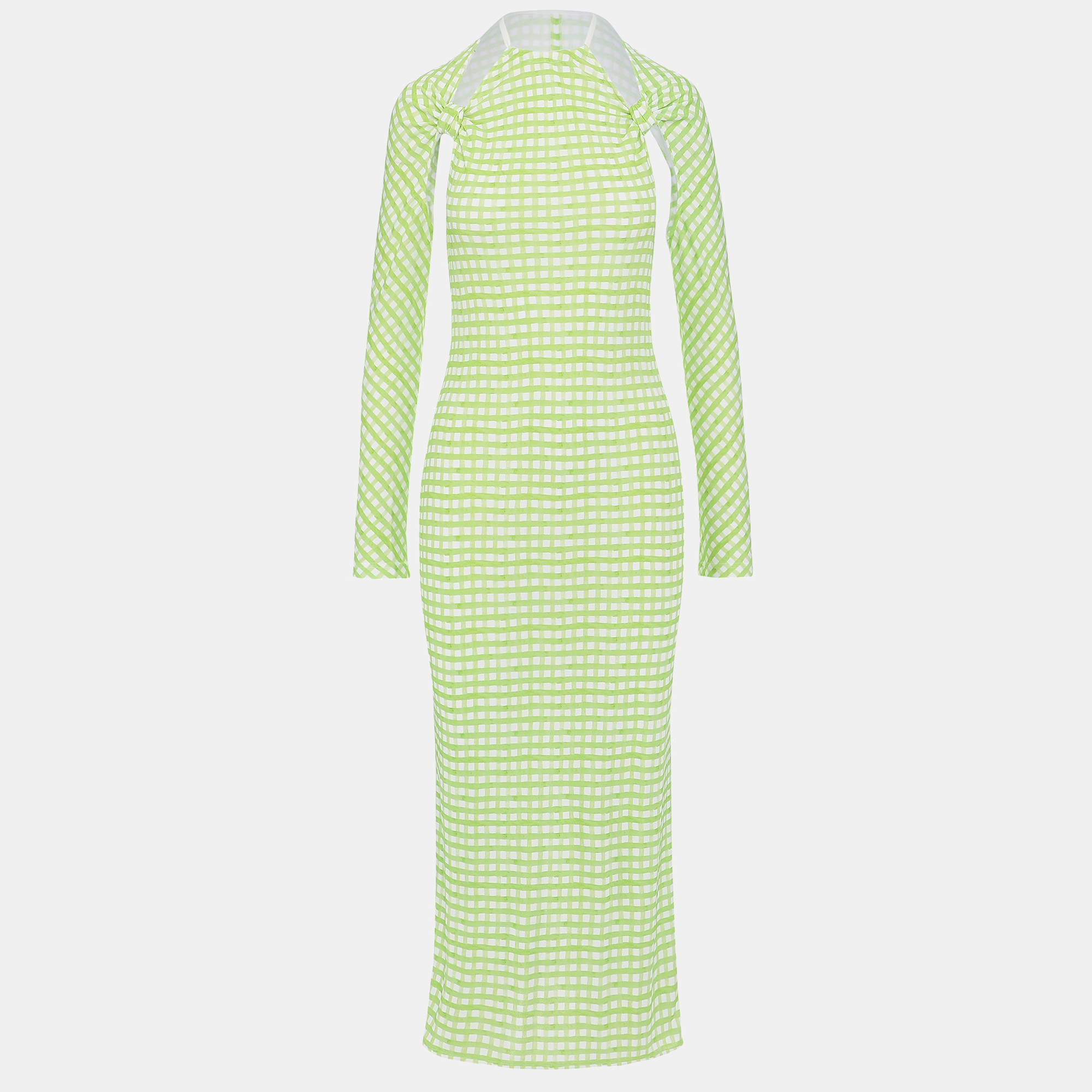 Jacquemus Green Checkered Print Jersey La Robe Nodi Midi Dress M