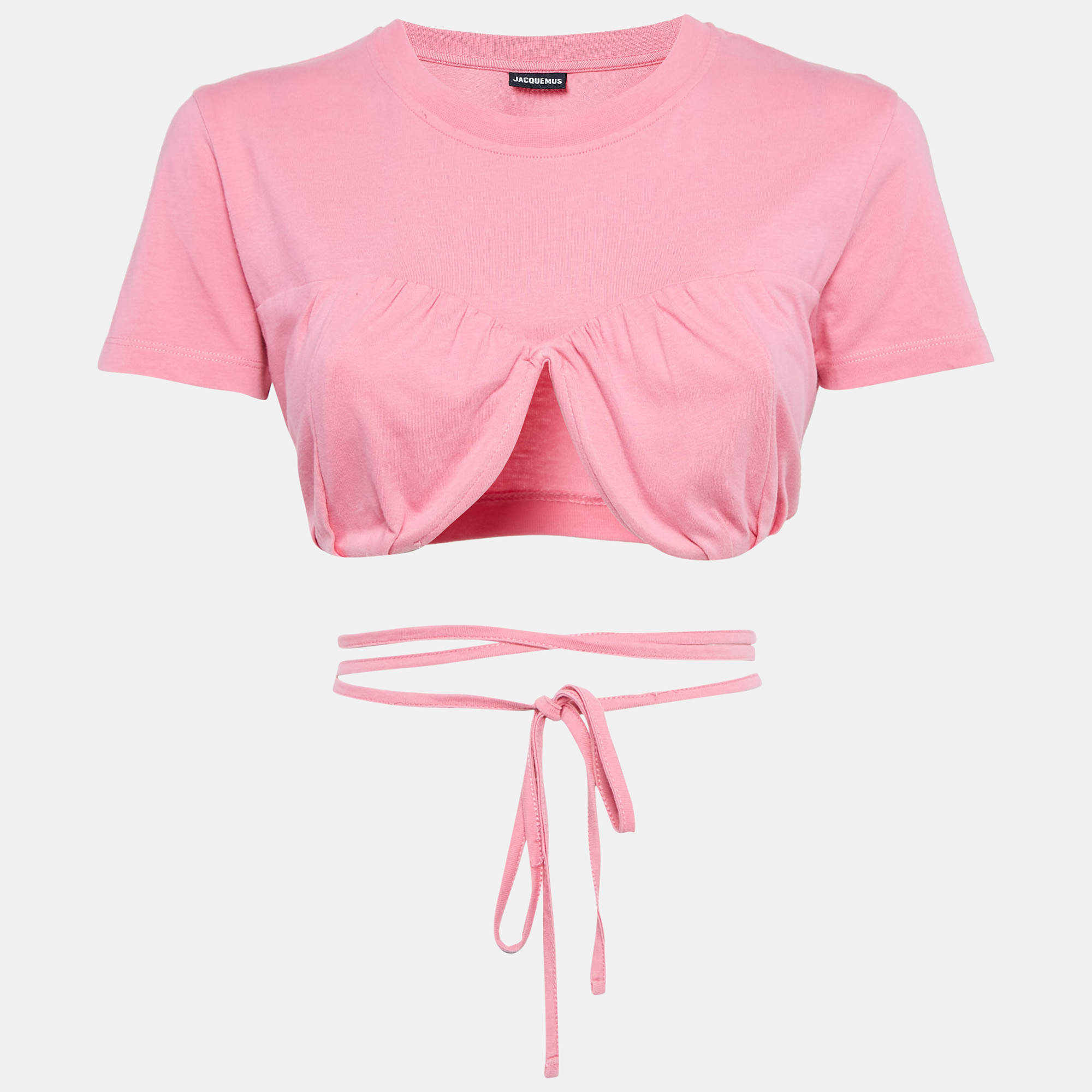 Jacquemus Pink Cotton Knit Underwired Lace-Up Baci Crop Top XS