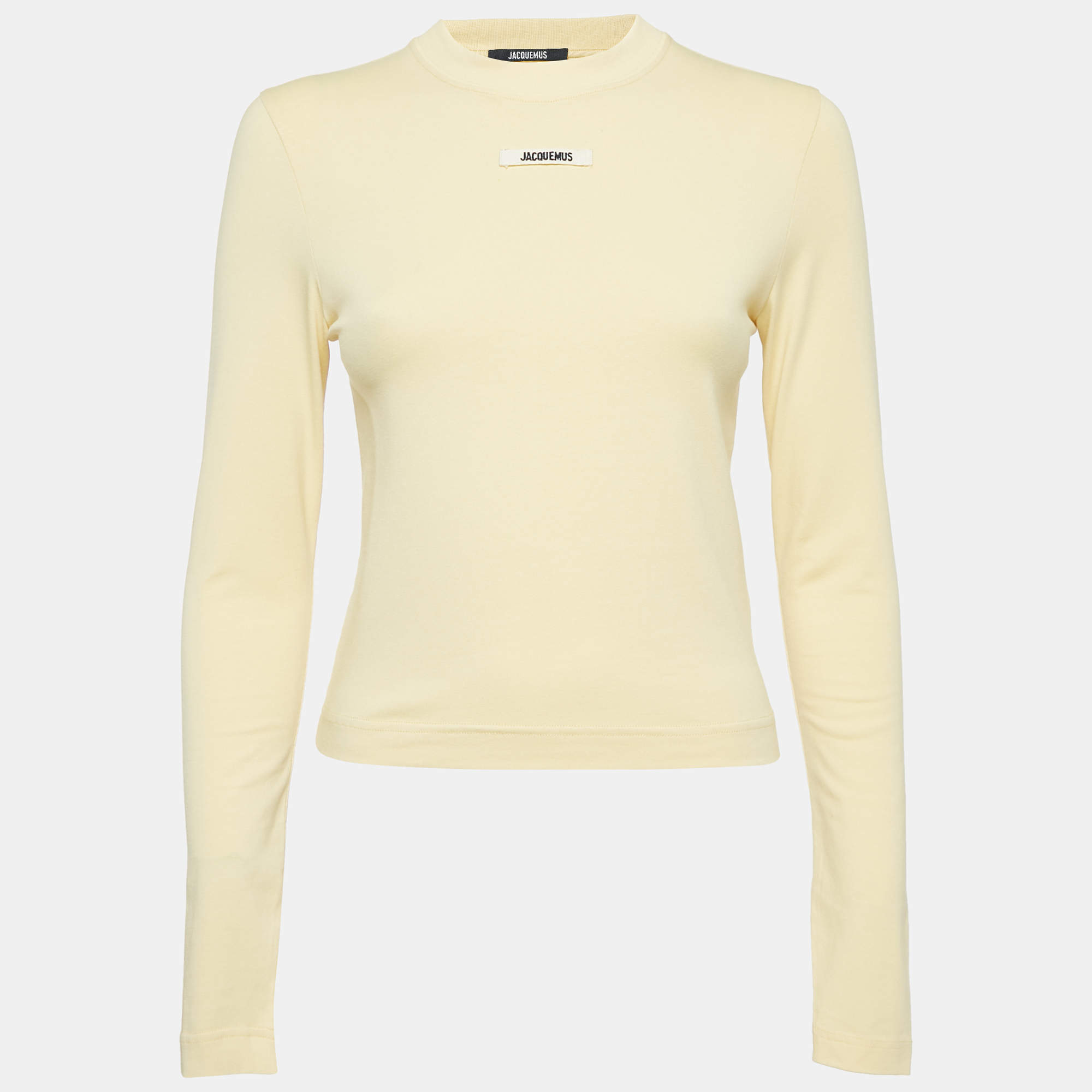 Pre Owned قميص بأكمام طويلة بتفاصيل شريط شعار باللون الأصفر من جاكيموس قطن بمقاس صغير جداً