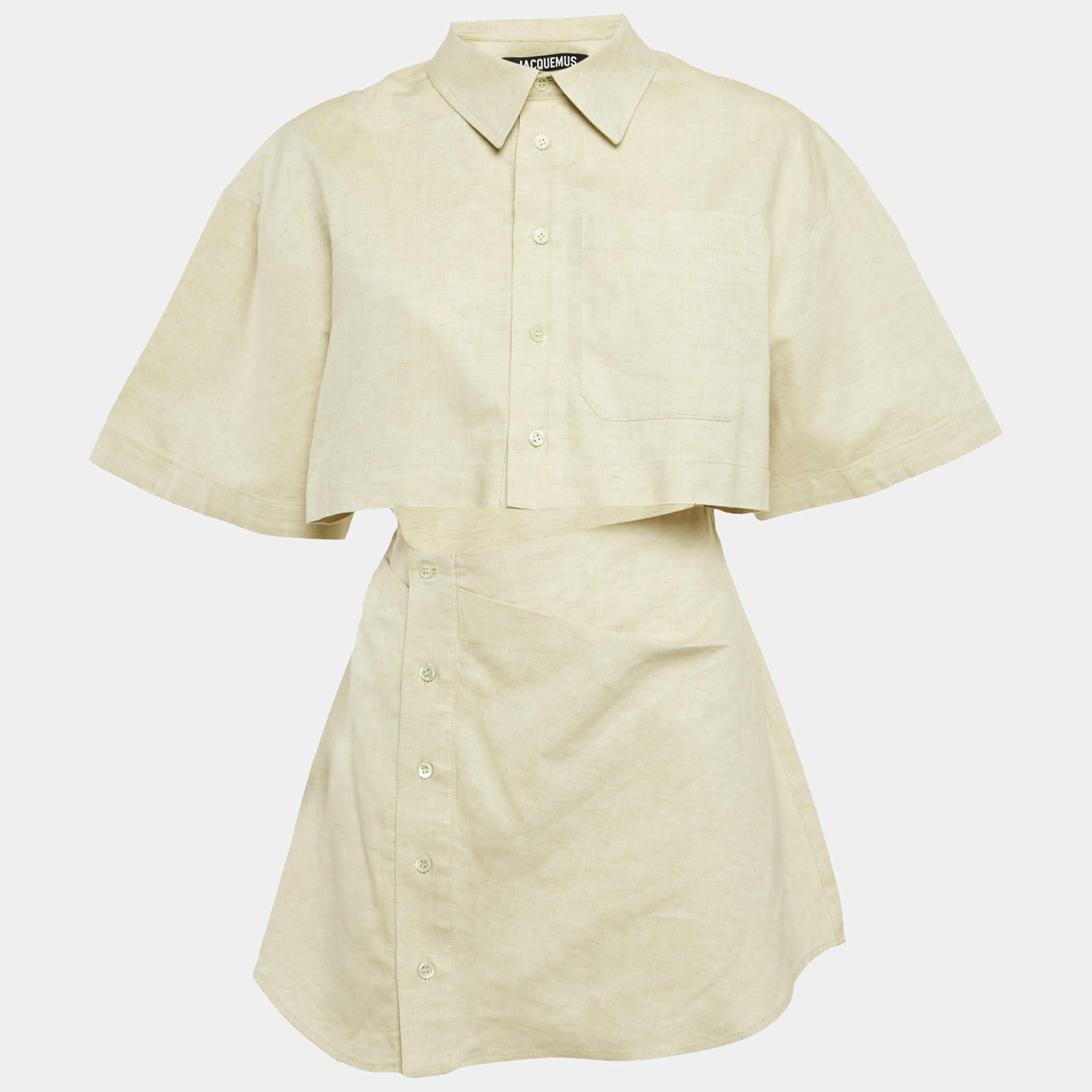 Jacquemus Light Green Cotton and Linen Button Front Cut-Out Mini Dress L