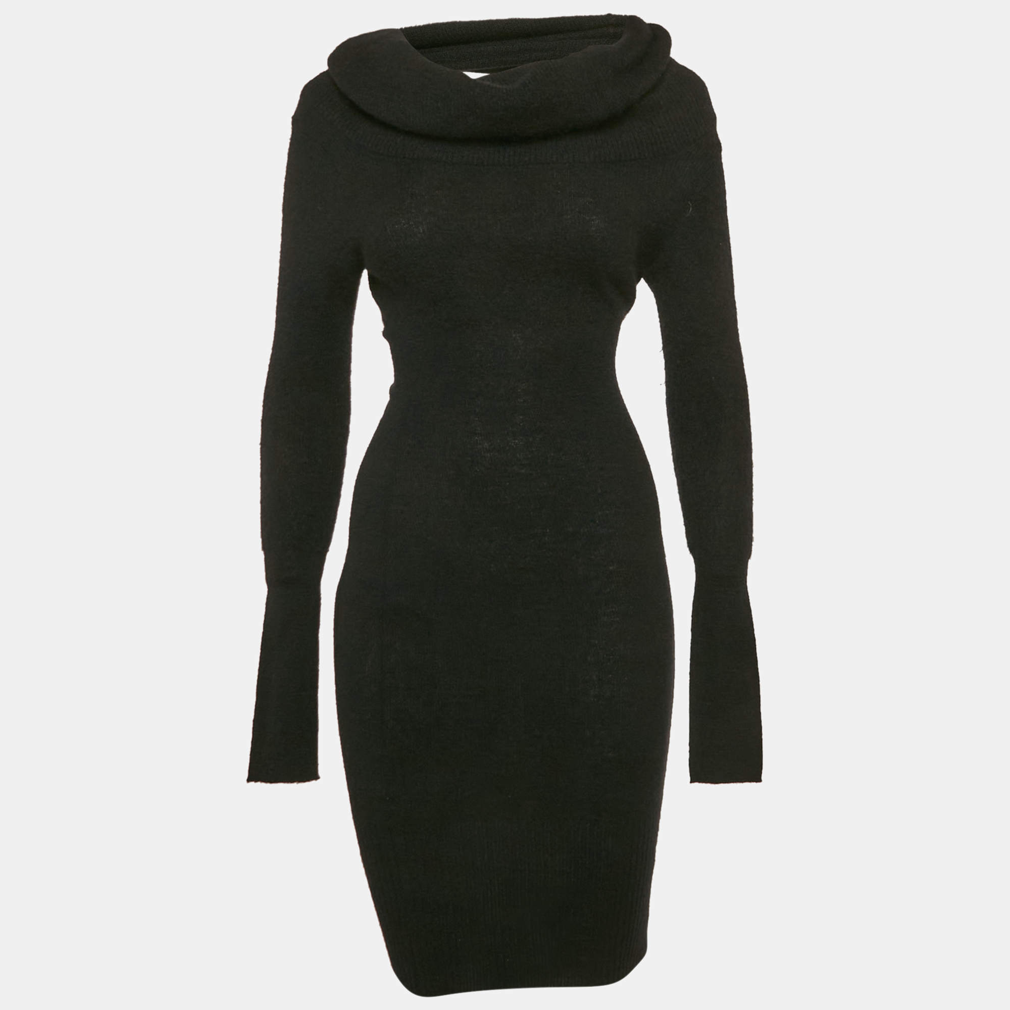 Jacquemus Black Mohair Rib Knit Off Shoulder Cut-Out Midi Dress M