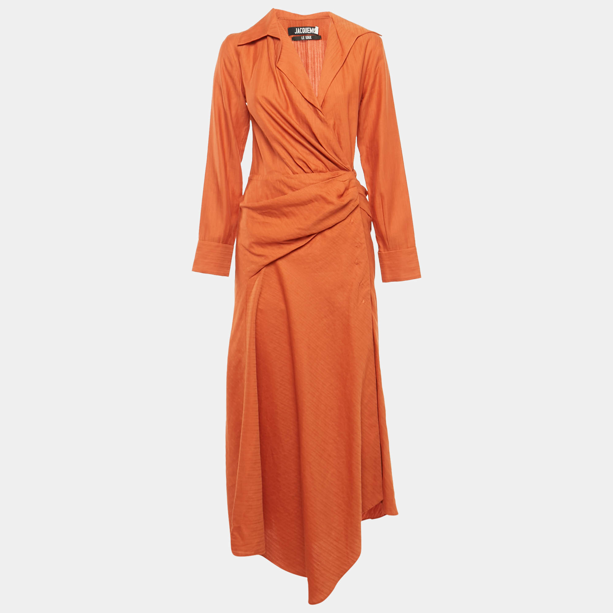 Pre Owned Jacquemus Orange Linen Blend Le Souk Wrap Dress M