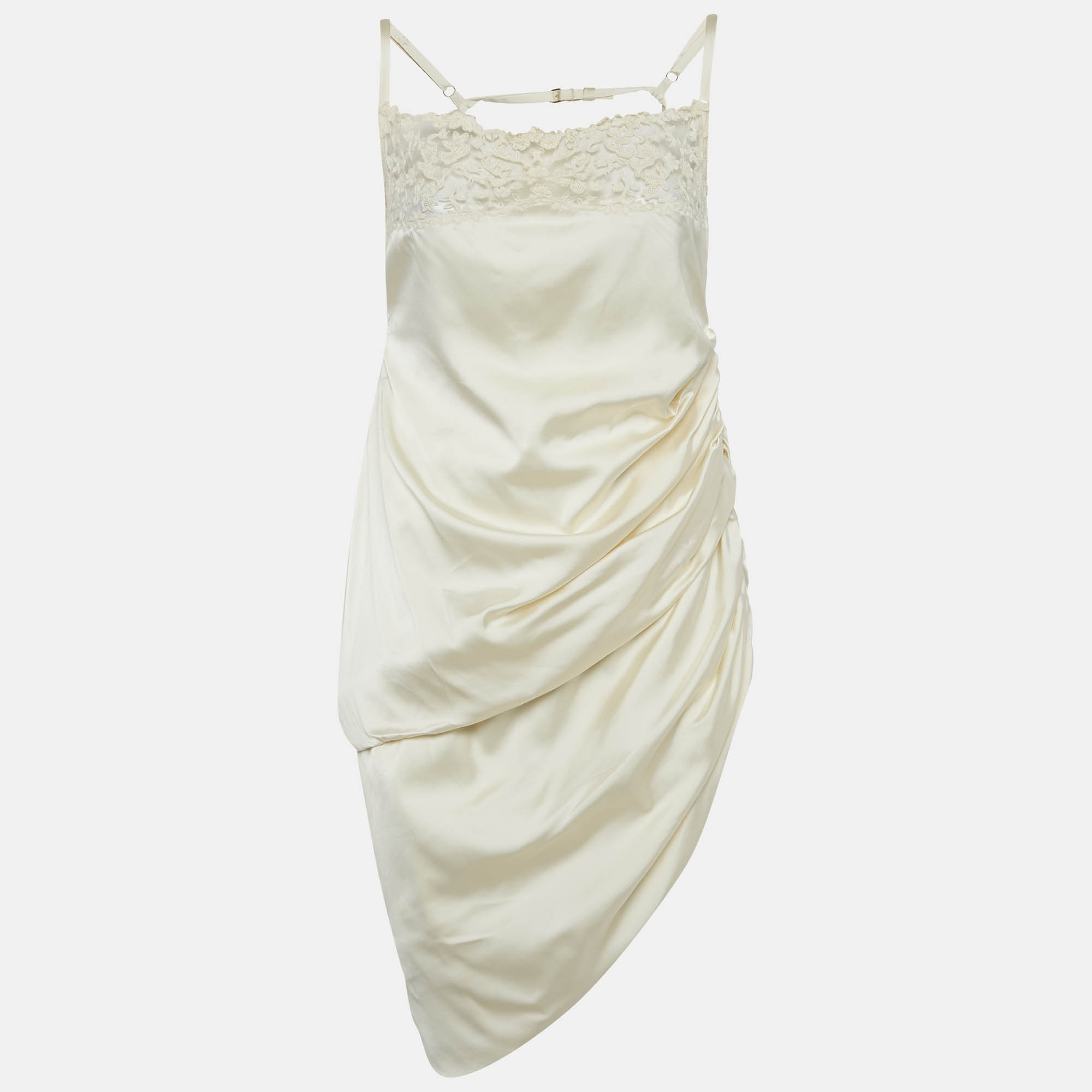 Pre Owned Jacquemus Cream Satin Asymmetrical Hem Saudade Slip Dress L