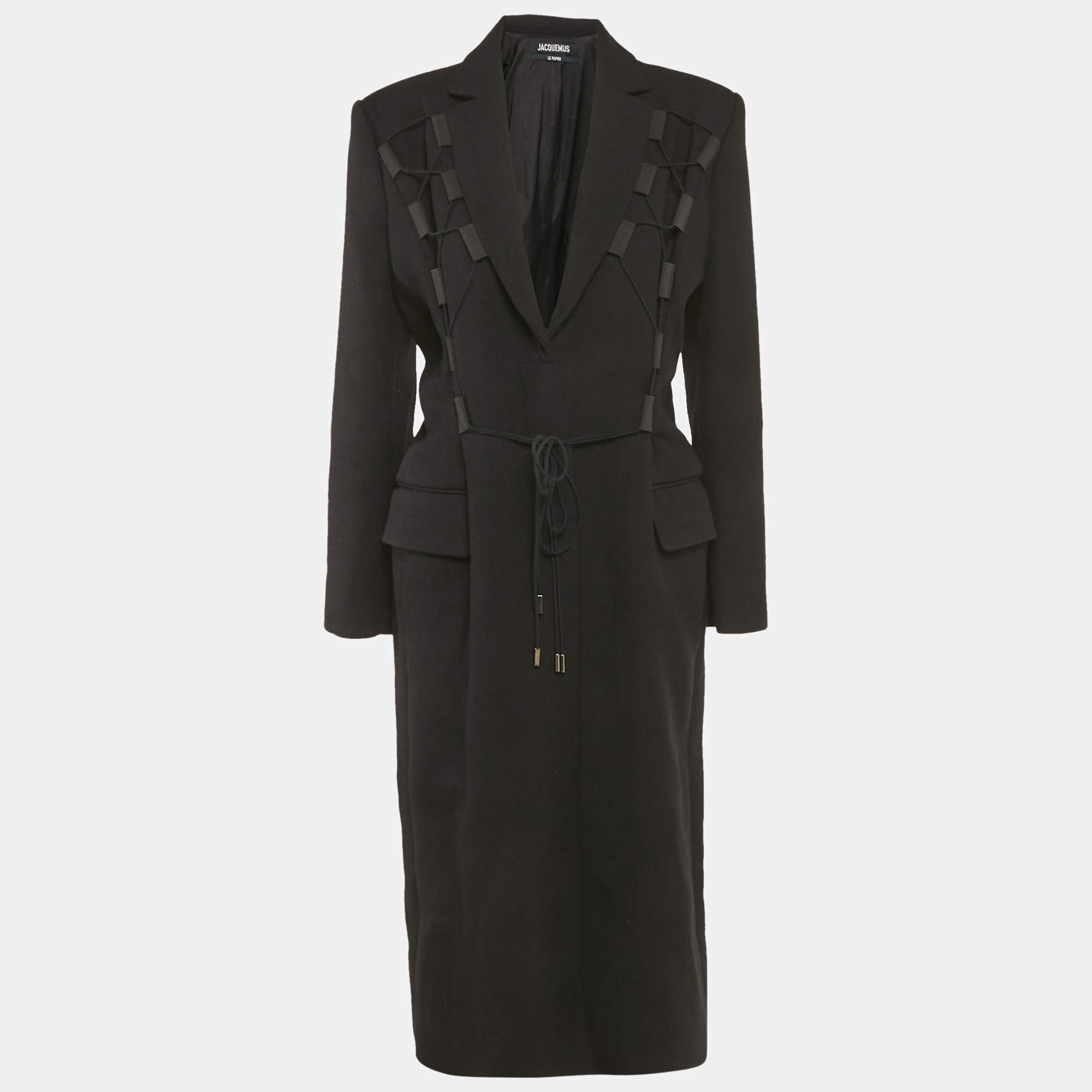 Pre Owned Jacquemus Black Wool Criss Cross Tie Detail Le Manteau Lacciu Coat L