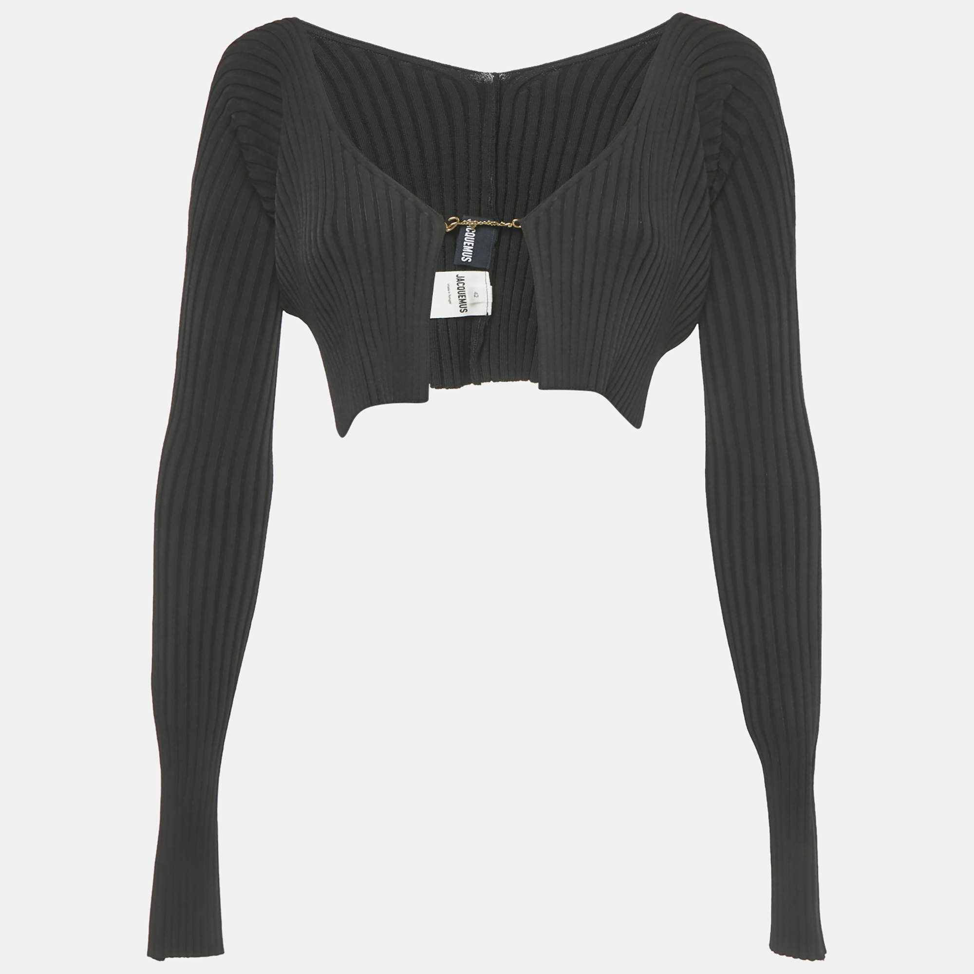 Pre Owned Jacquemus Black Rib Knit Logo Detail Crop Cardigan L