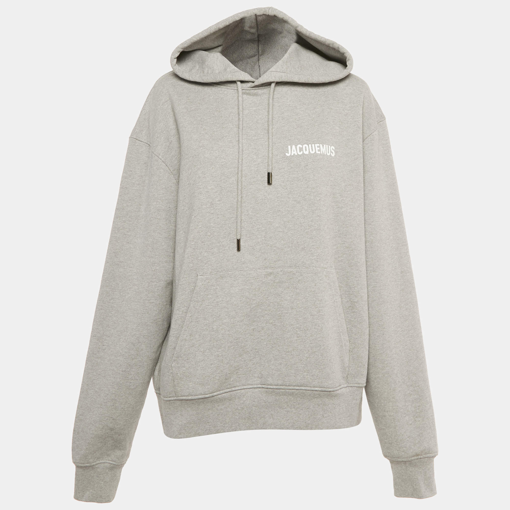 Pre Owned Jacquemus Grey Logo Print Cotton Hoodie M