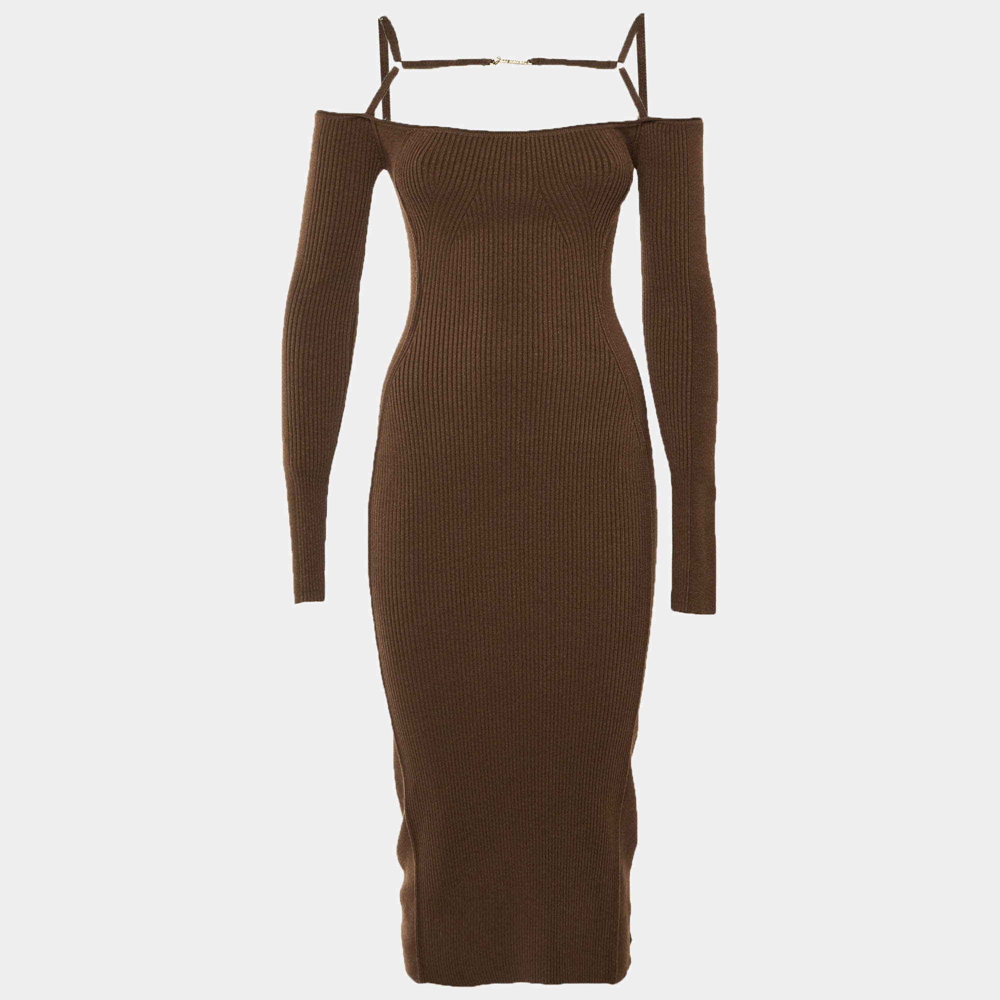 مملوكة مسبقًا Jacquemus Brown Jersey Knit Cut Out Detail La Robe Sierra Midi Dress S